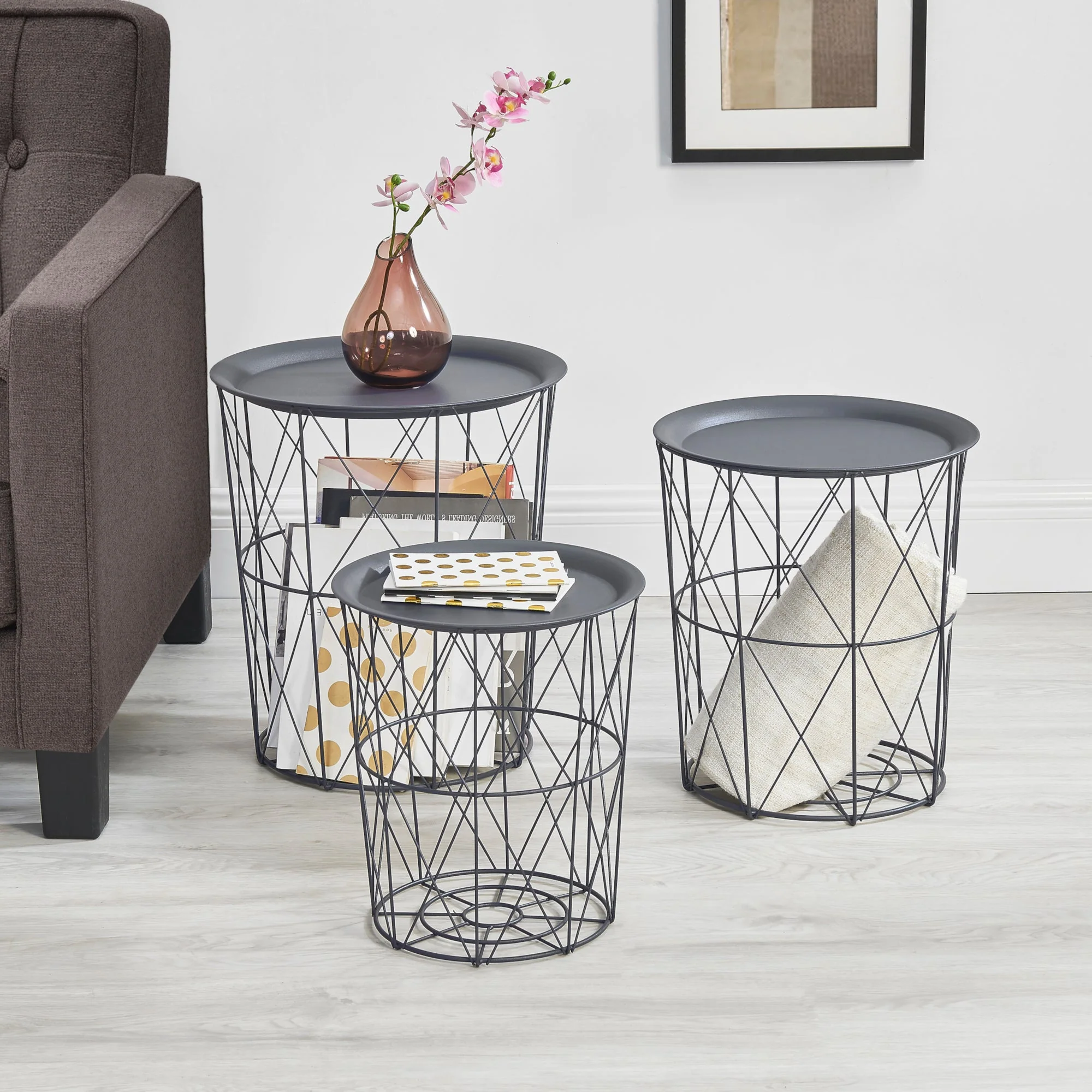 Bijzettafel metaal set van 3 met afneembaar tafelblad - 4 kleuren - Image 7