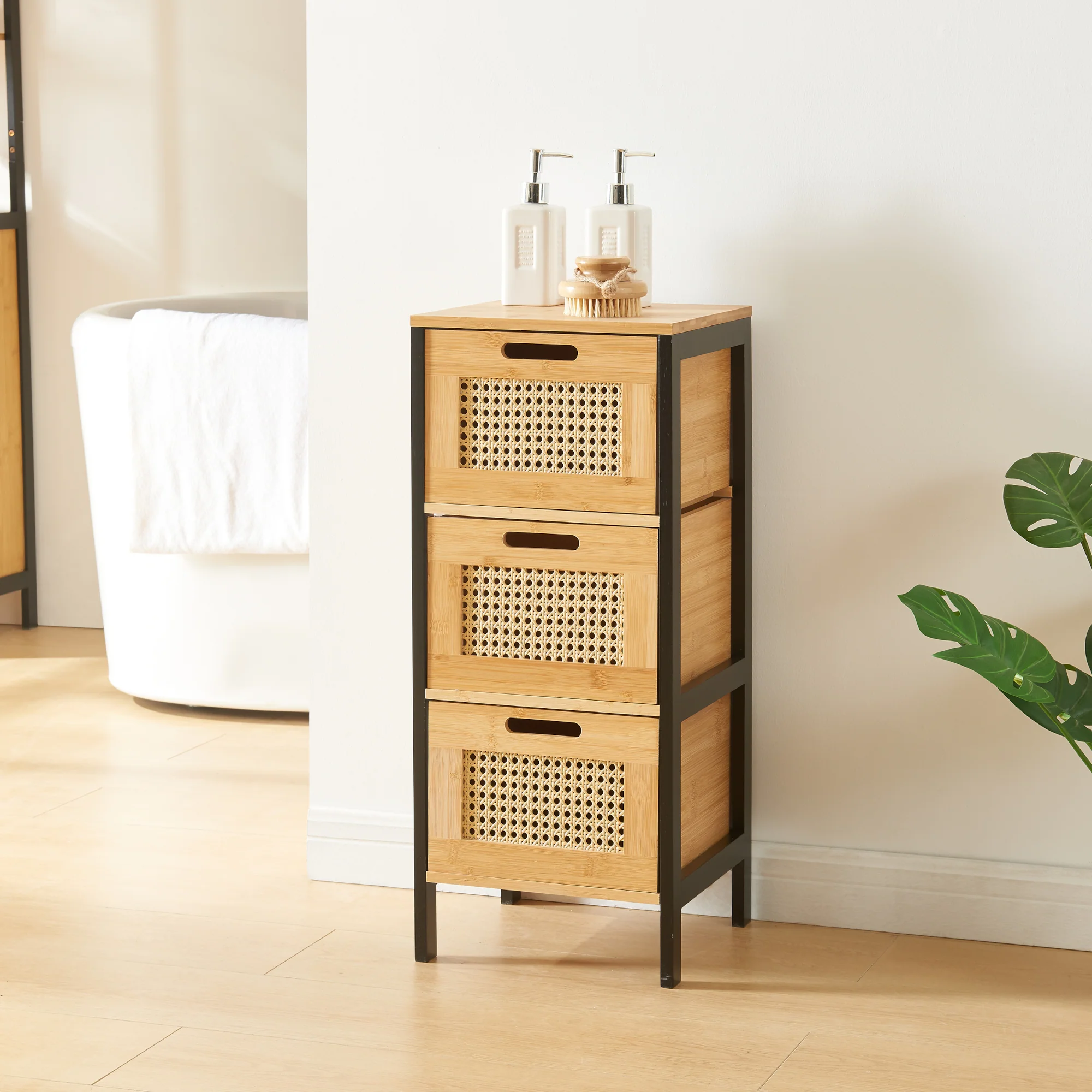 Commode Tervola ladekast 72x30x30 cm zwart naturel en rotan look [en.casa]