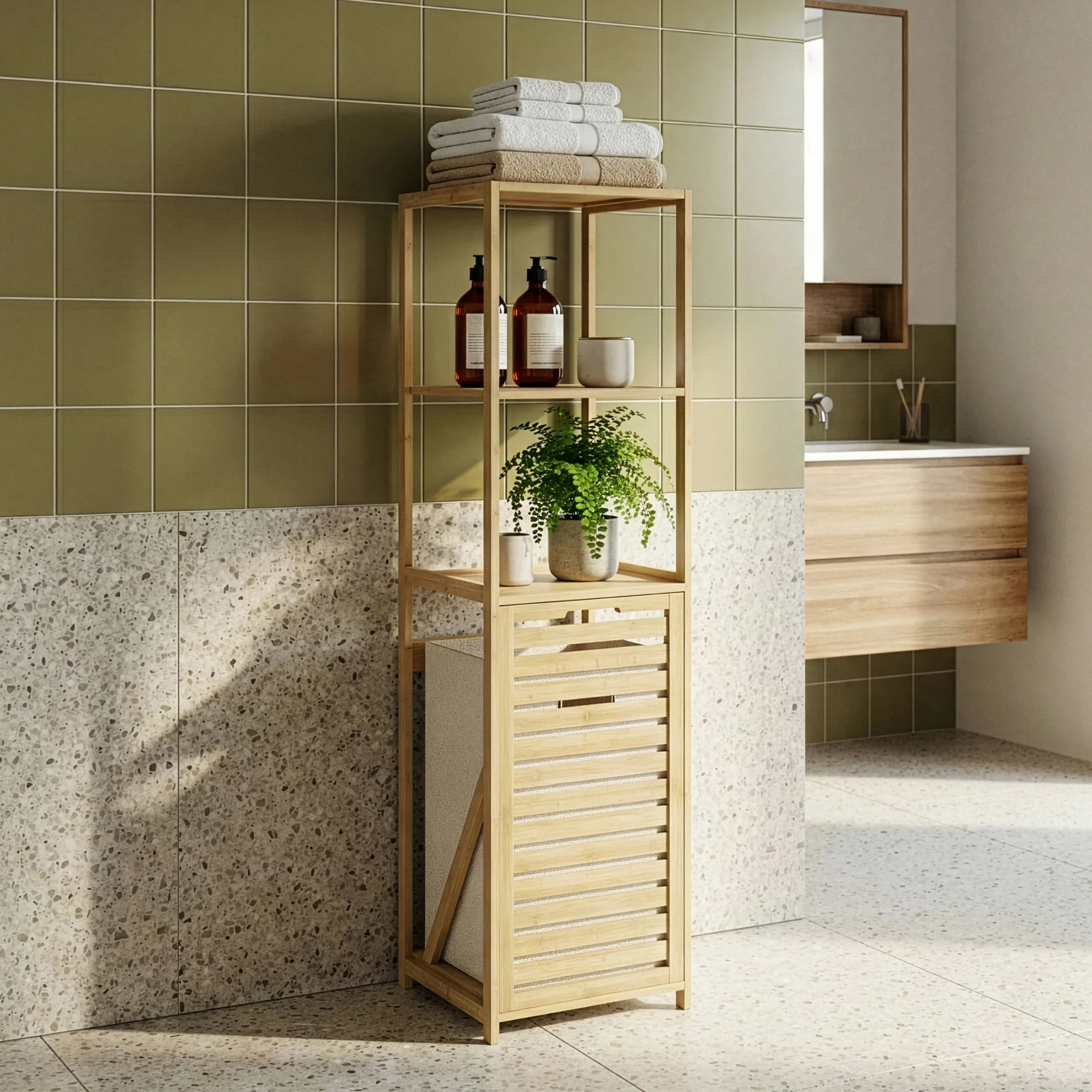 Badrek met wasmand Anun 130x36x33 cm bamboe houtkleurig [en.casa]