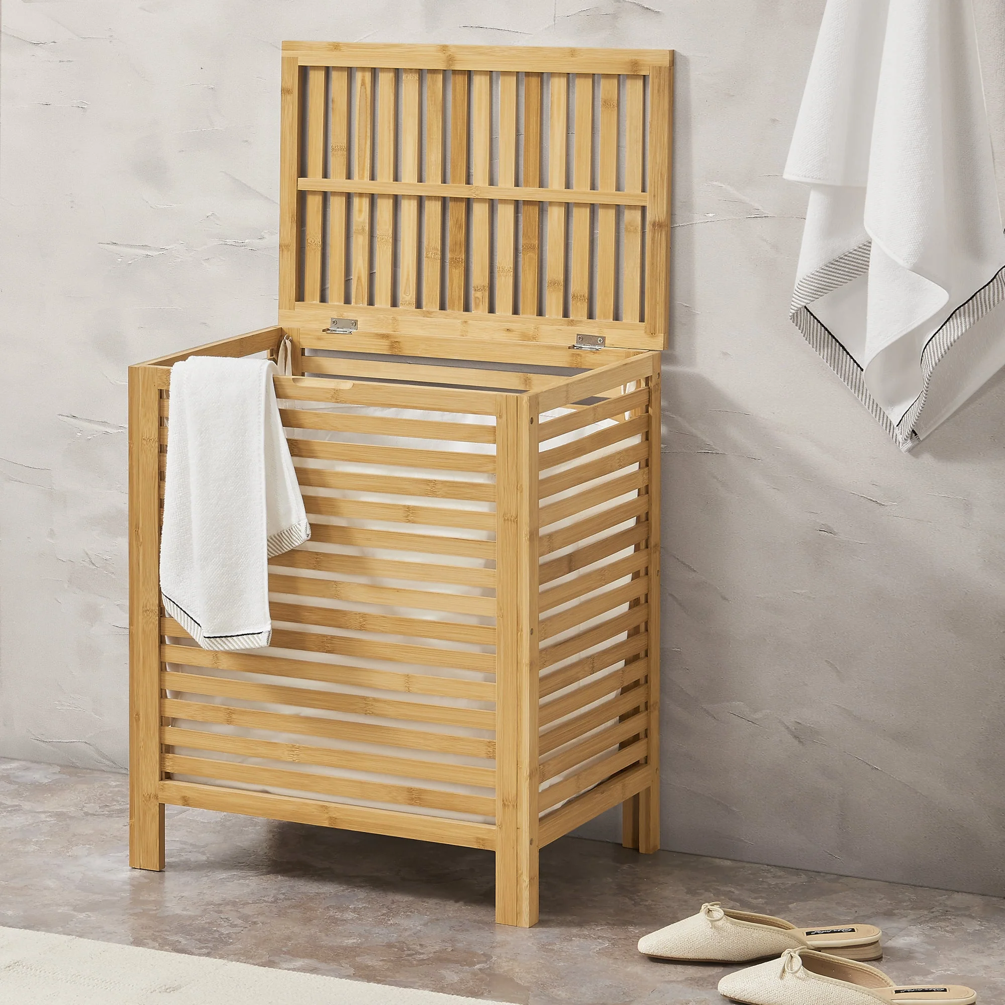 [en.casa] Wasmand bamboe met waszak en deksel 65 l - Image 2