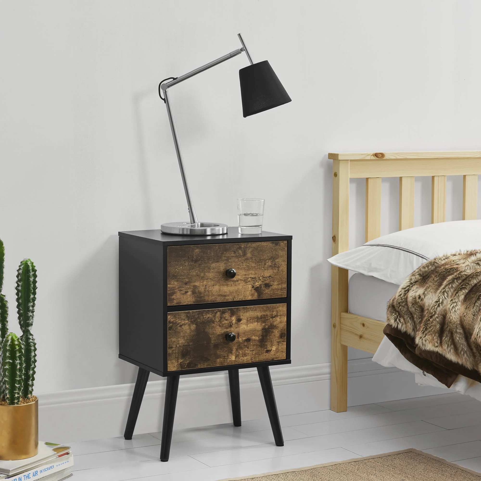 Nachtkastje met 2 lades 60x40x29,5 cm houtkleurig en zwart - Image 2