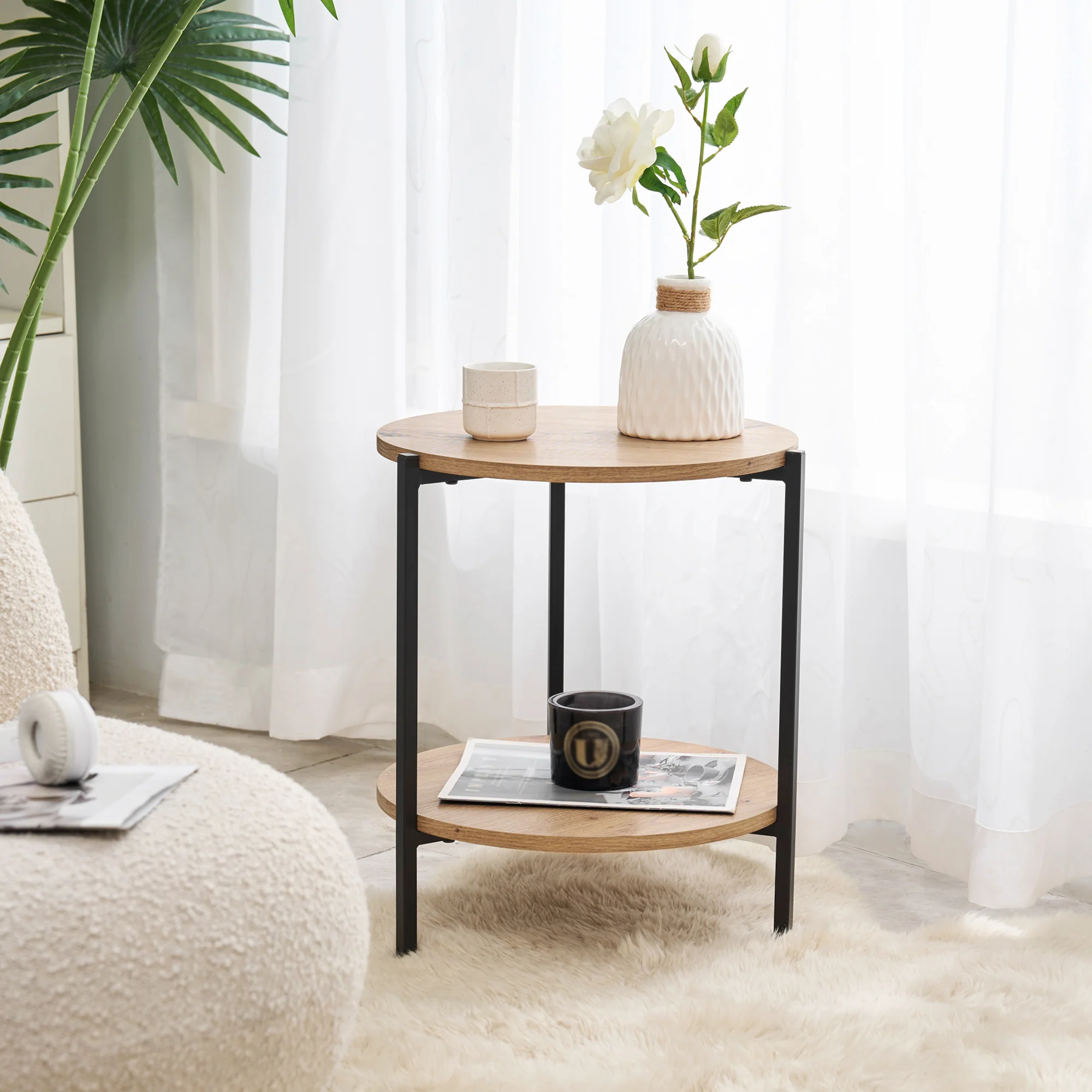 [en.casa] Bijzettafel Kuopio rond 50x40 cm zwart en houtkleurig
