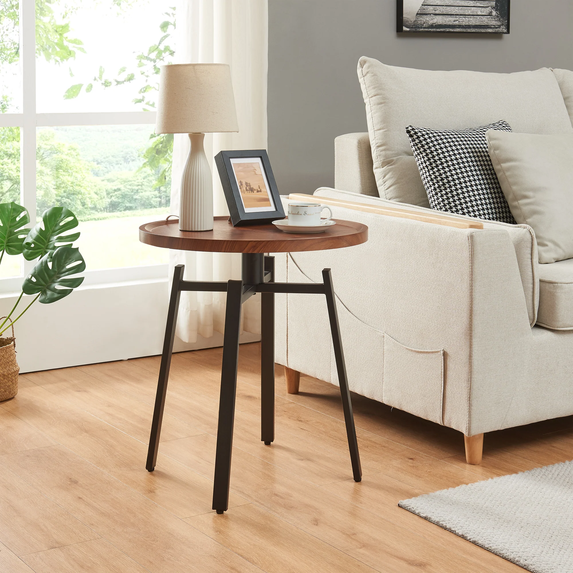 Bijzettafel Mippeena rond Ø50 cm walnootkleurig en zwart [en.casa]