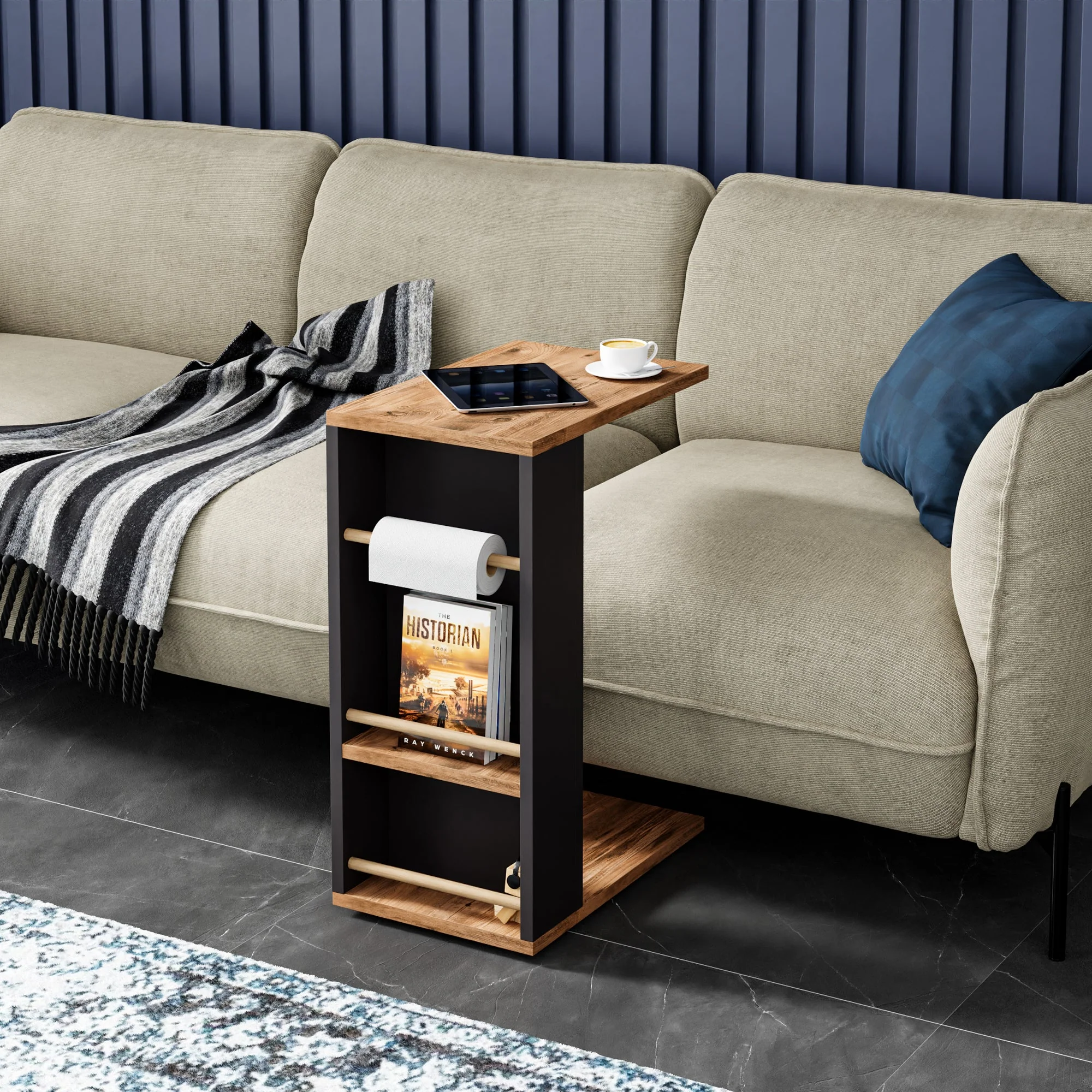 [en.casa] Bijzettafel Siikainen laptoptafel met horizontale spijlen en wielen 44x29x65 cm - 3 varianten