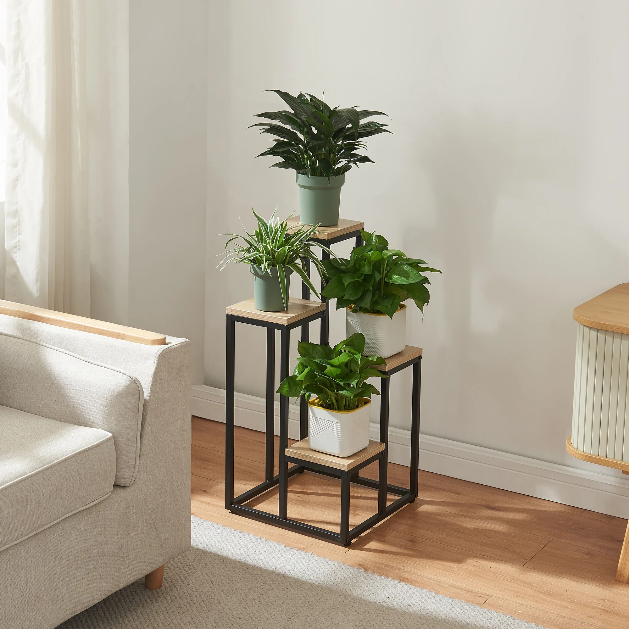 [en.casa] Plantenstandaard Ameland 67x34x34 cm zwart en houtkleurig