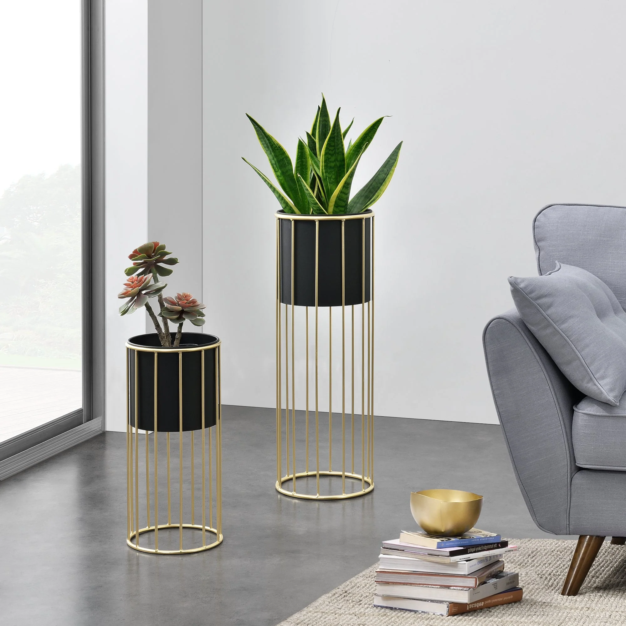 Bloempot op standaard Mortsel set van 2 zwart en goud - Image 2