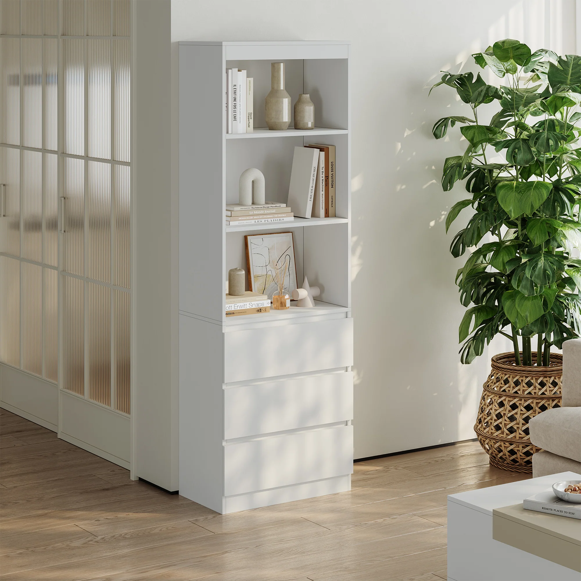 Boekenkast Les met 3 lades en open vakken 180x60x35 cm wit [en.casa]