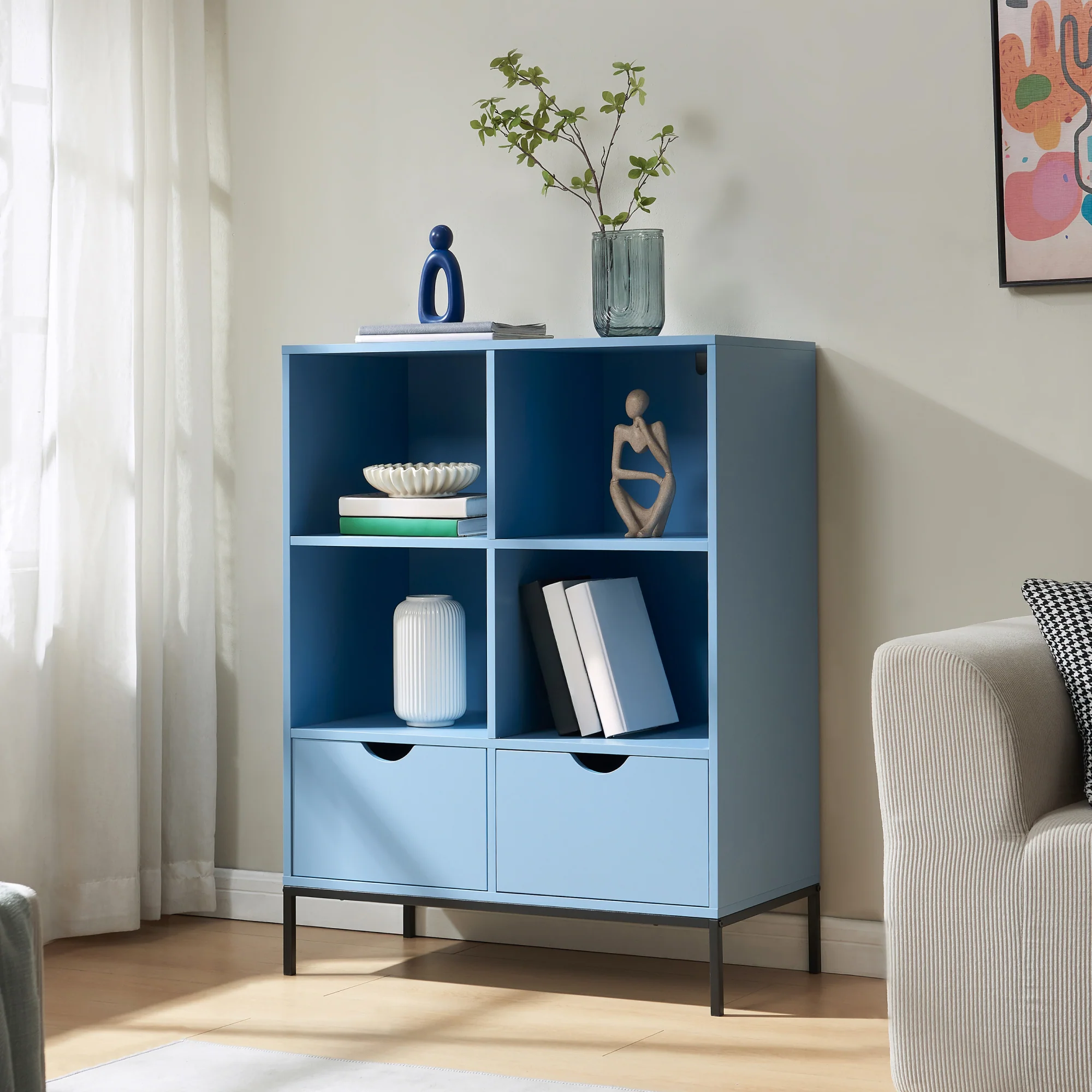 Boekenkast met 2 laden Colwyn 105x80x40 cm Blauw [en.casa] - Image 2