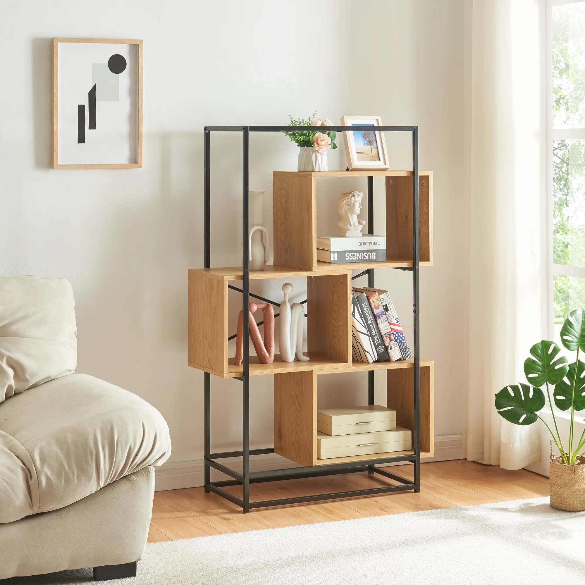 Boekenkast Rennebu open kast zwart en eikenkleurig [en.casa]