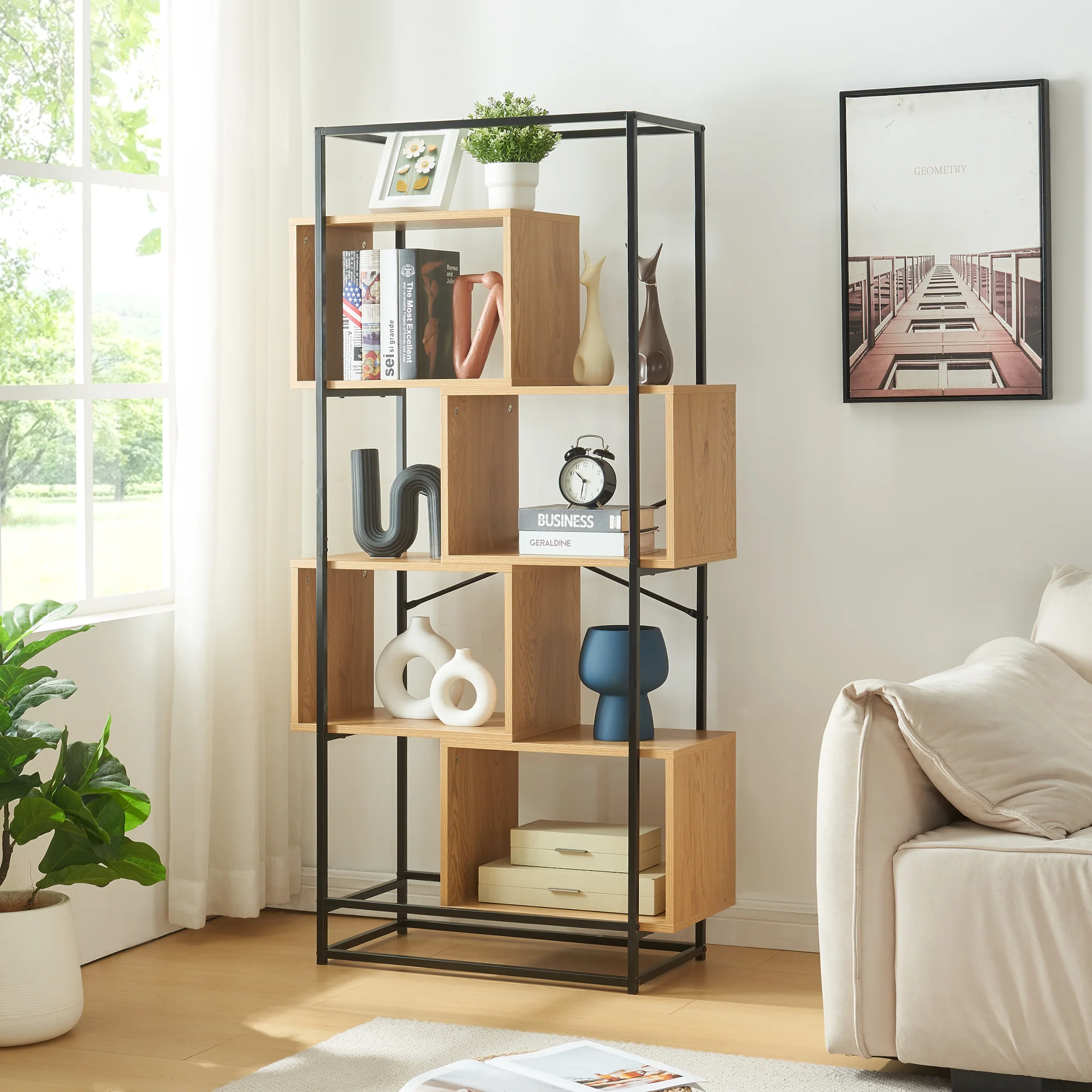 Boekenkast Rennebu open kast zwart en eikenkleurig [en.casa] - Image 2