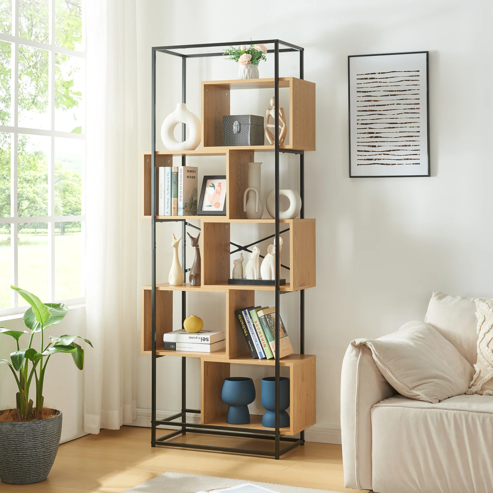 Boekenkast Rennebu open kast zwart en eikenkleurig [en.casa] - Image 3