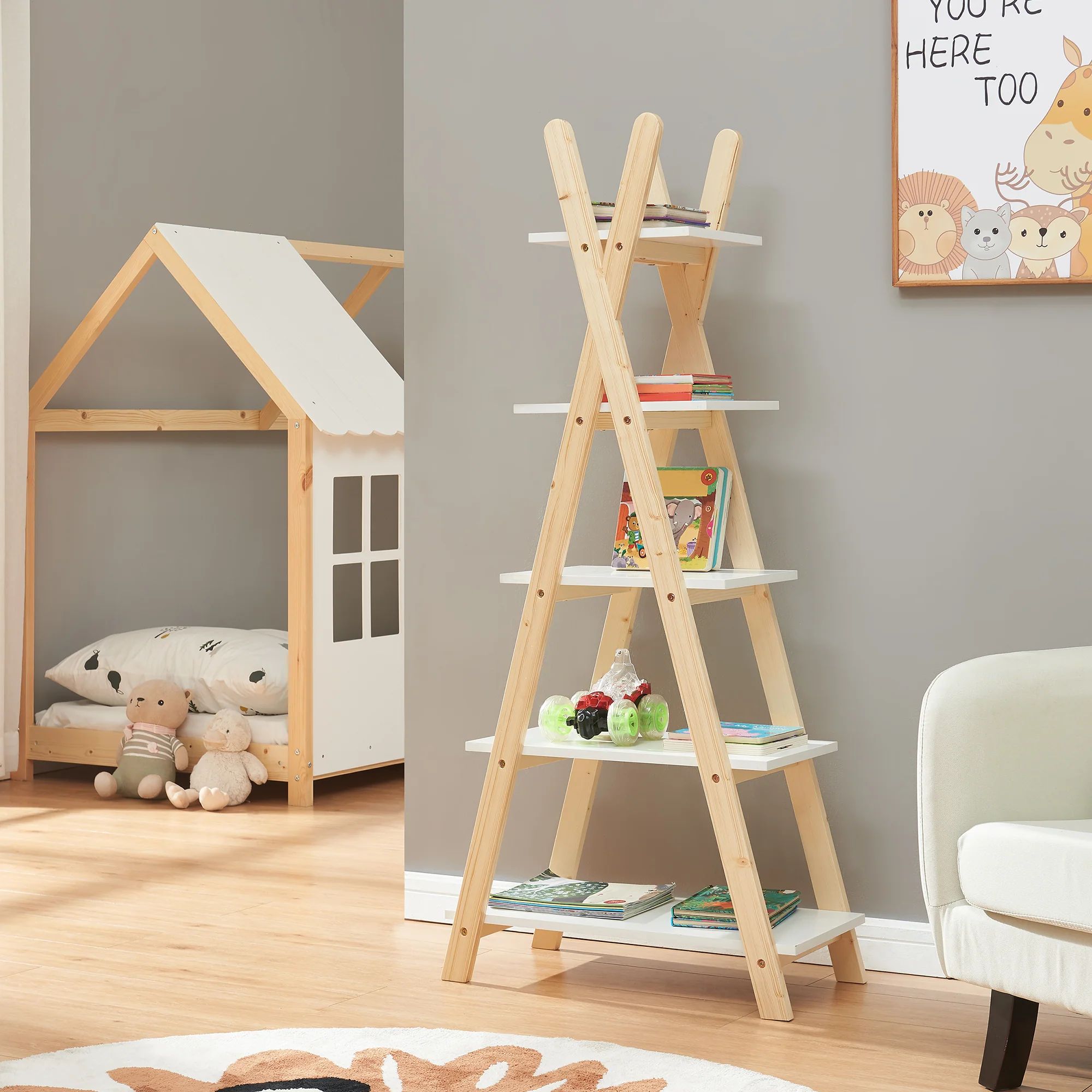 Kinderboekenkast Vanlilu 145x65x32 cm naturel en wit [en.casa]
