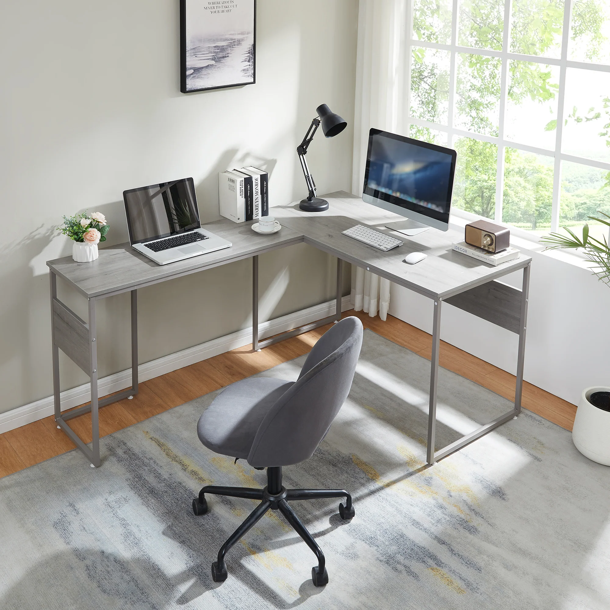 Hoekbureau Karlstang L-vormig lichtgrijs met houtnerf 166x120x75 cm [en.casa]