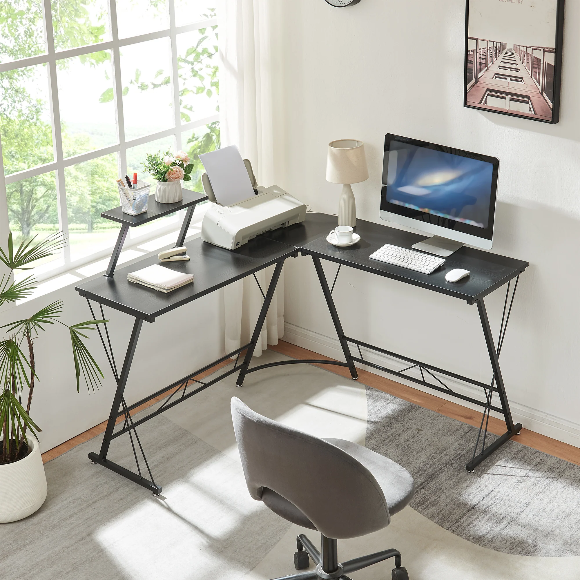 Bureau Yremso L-vormig 122x122x98 cm zwart [en.casa]