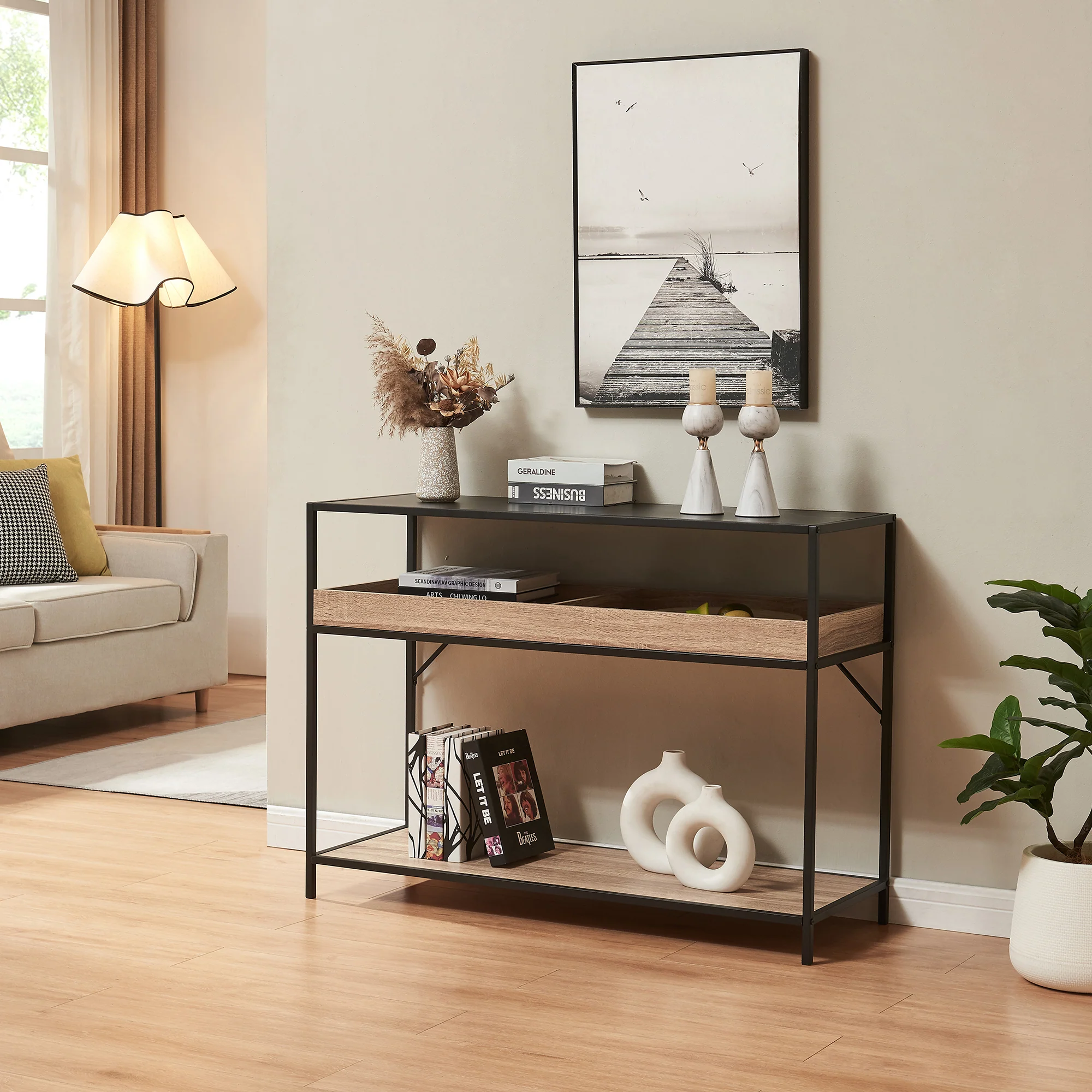 Consoletafel Belana 110x40x80 cm zwart en eikenkleurig [en.casa]