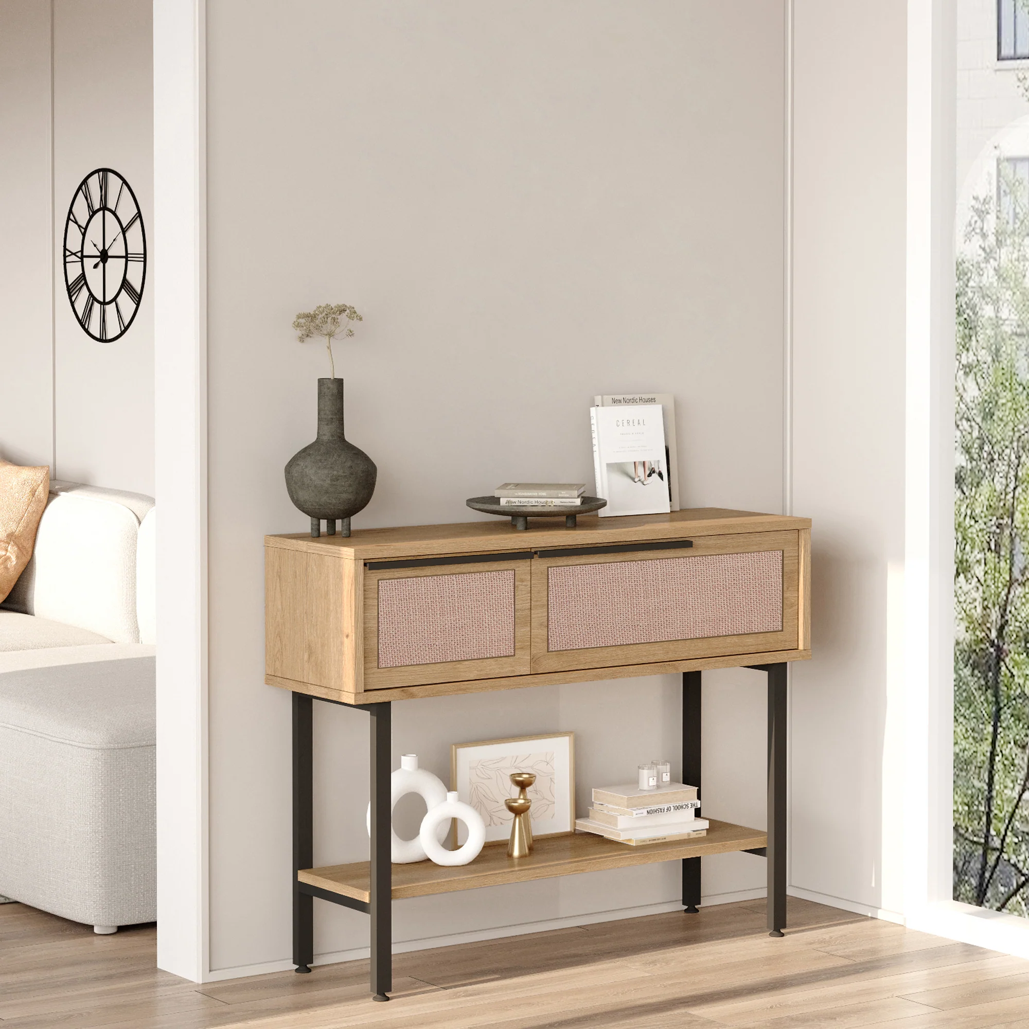 Console tafel Kvænangen 100x29,5x76 cm eikenkleurig rotan look en zwart [en.casa]