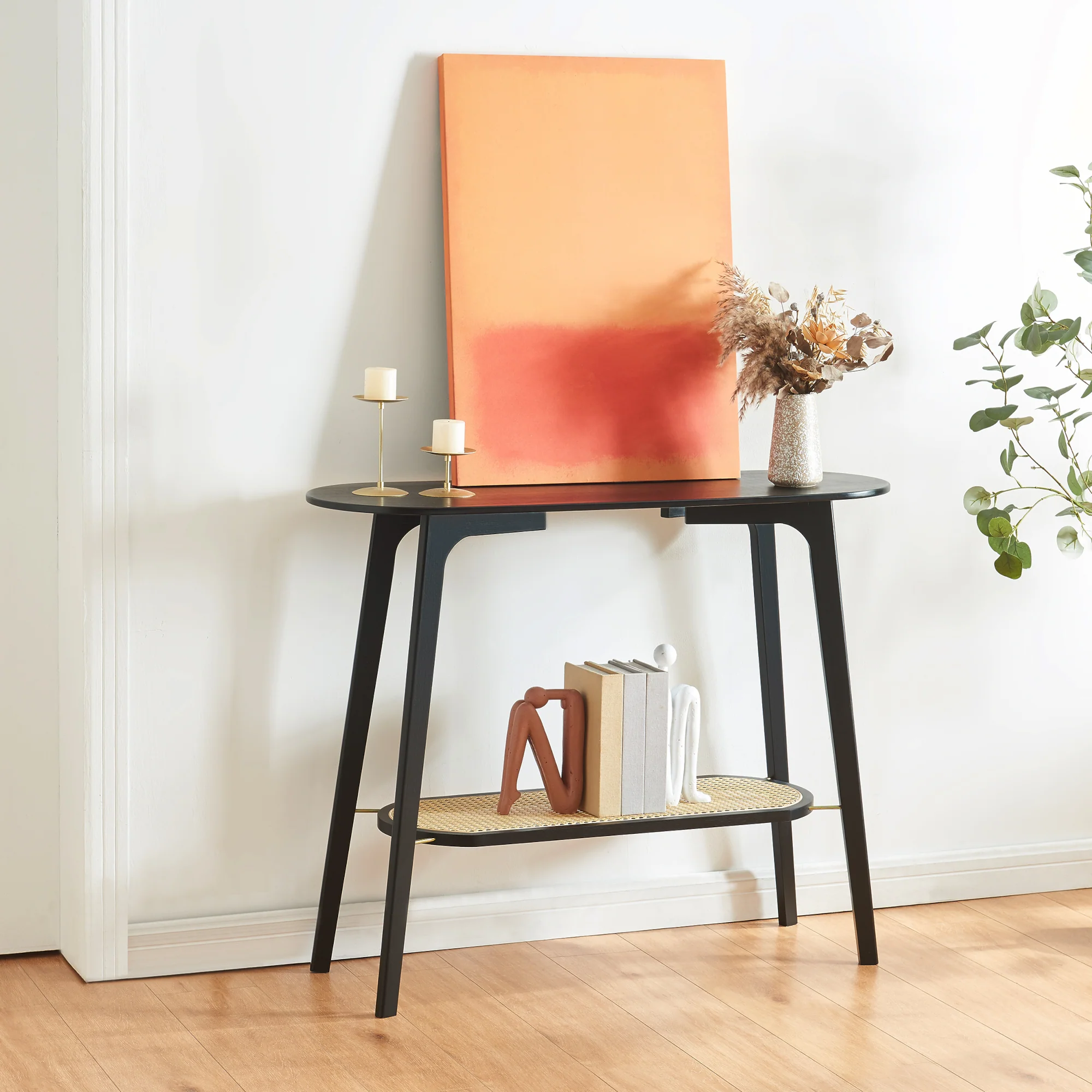 Console tafel Taivalkoski sidetable 80x35x100 cm zwart en rotan look [en.casa]