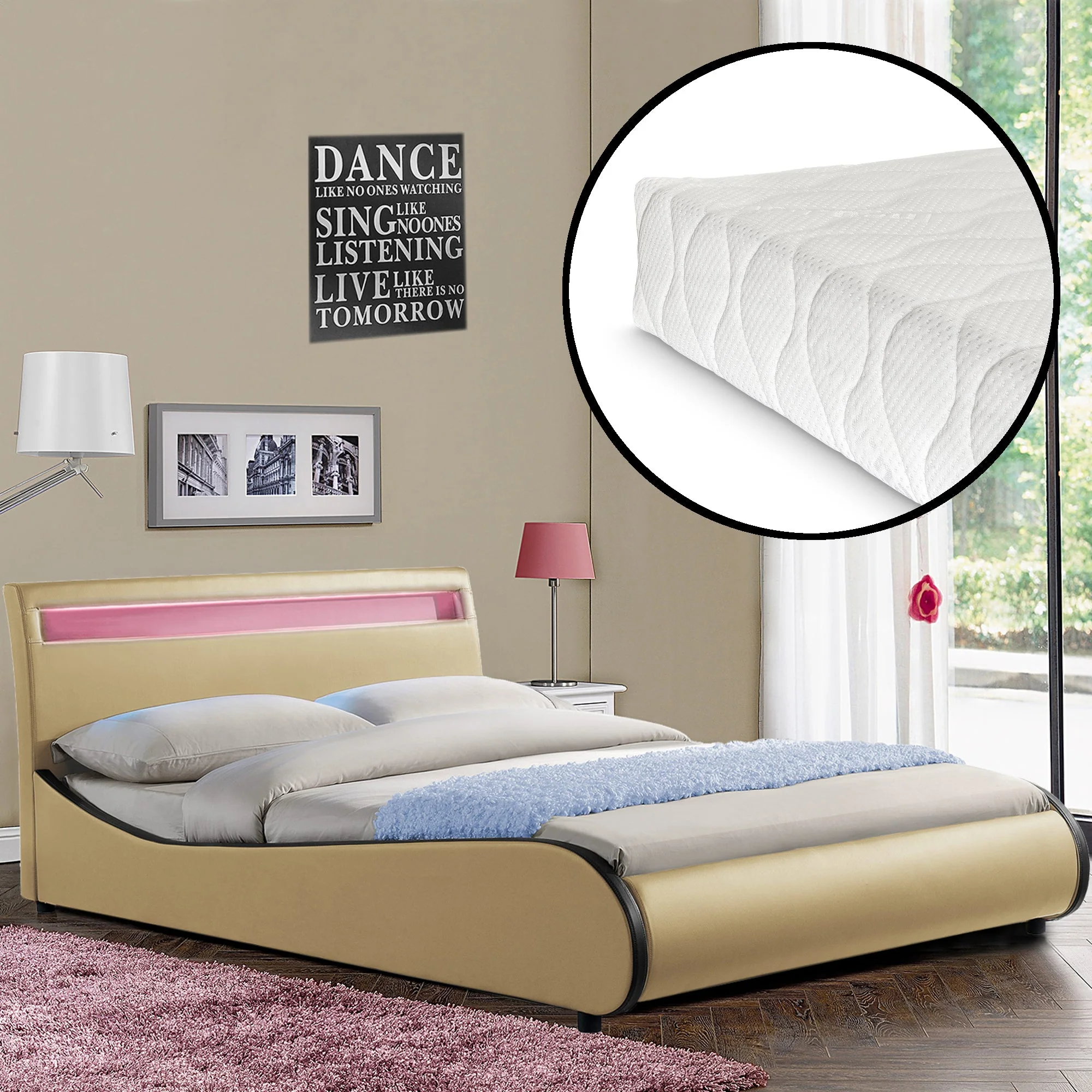 Bed Valencia met LED-verlichting incl. matras en lattenbodem - verschillende maten en kleuren - Image 24