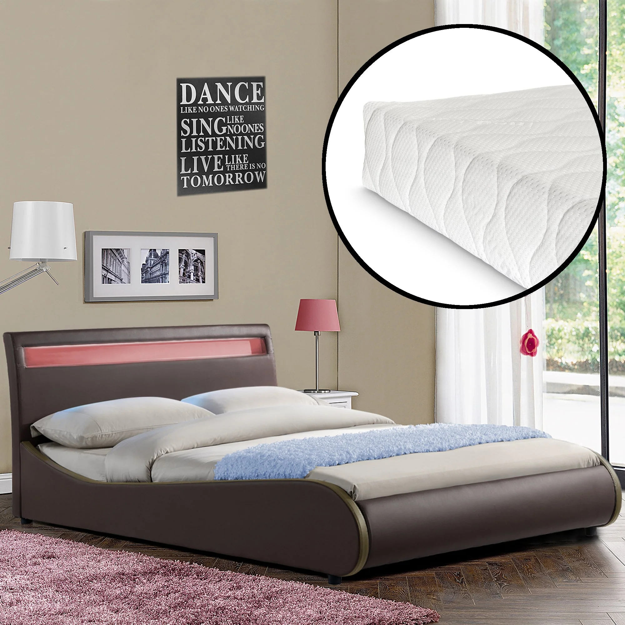Bed Valencia met LED-verlichting incl. matras en lattenbodem - verschillende maten en kleuren - Image 27