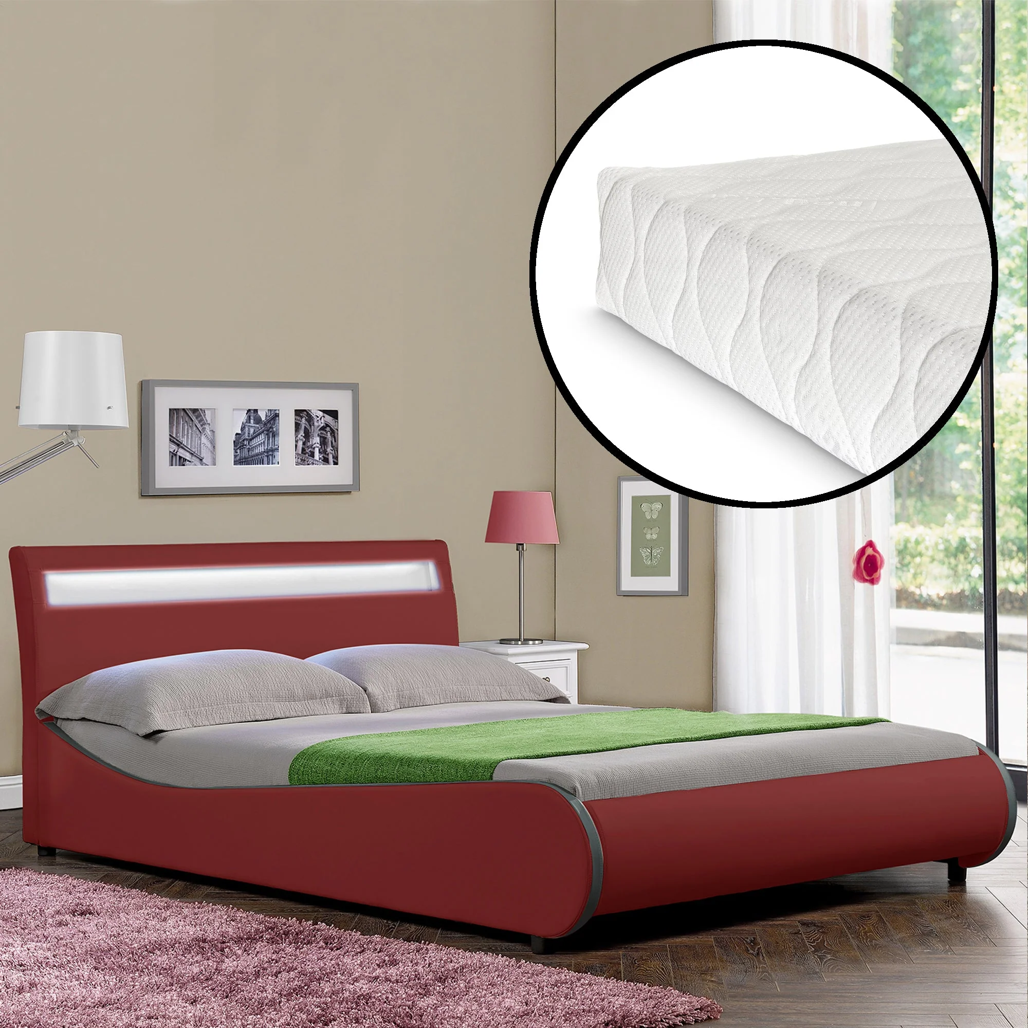 Bed Valencia met LED-verlichting incl. matras en lattenbodem - verschillende maten en kleuren - Image 29