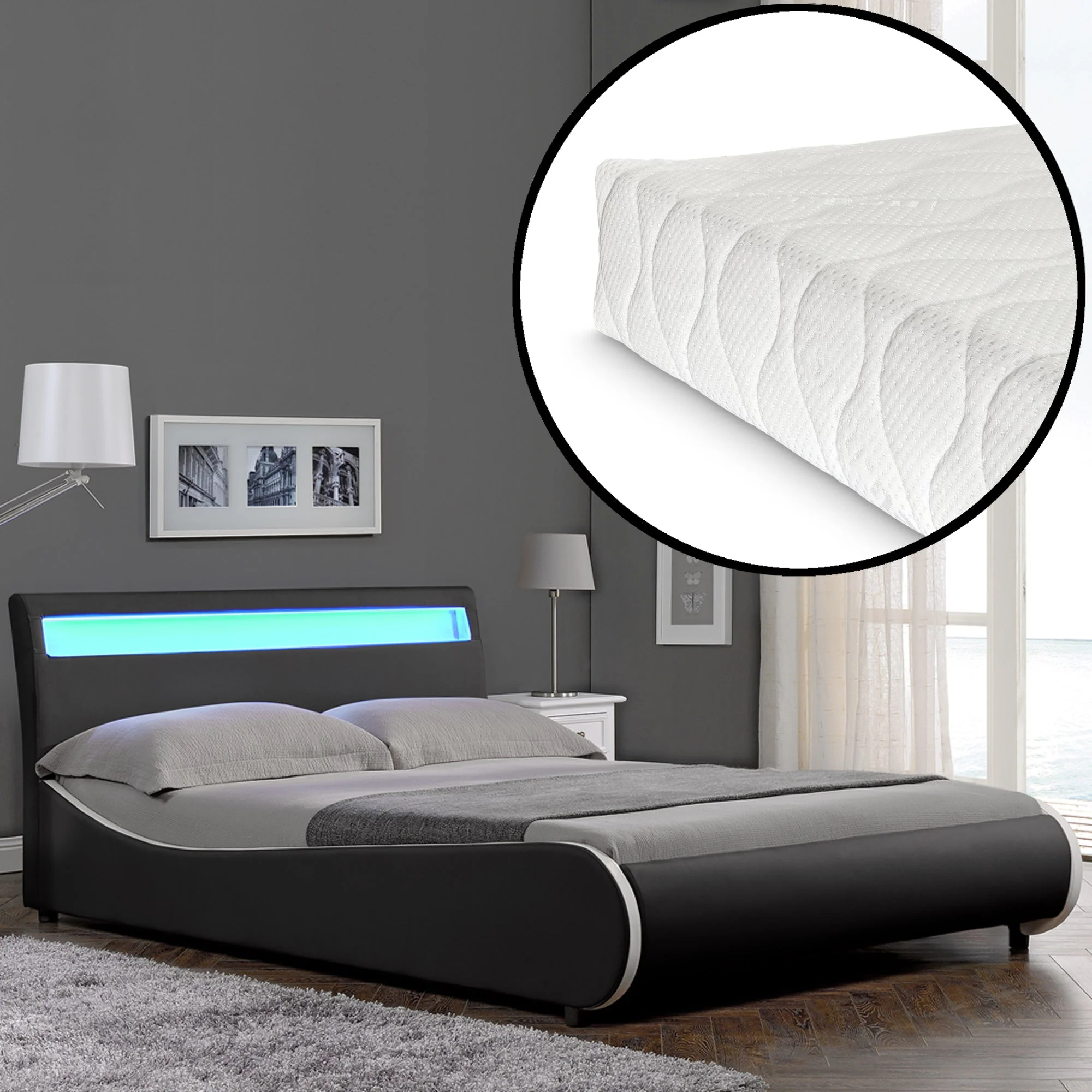 Bed Valencia met LED-verlichting incl. matras en lattenbodem - verschillende maten en kleuren - Image 31