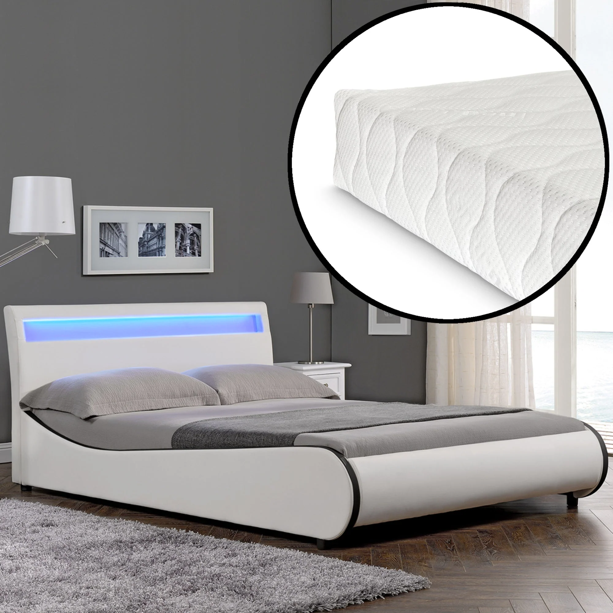 Bed Valencia met LED-verlichting incl. matras en lattenbodem - verschillende maten en kleuren - Image 32