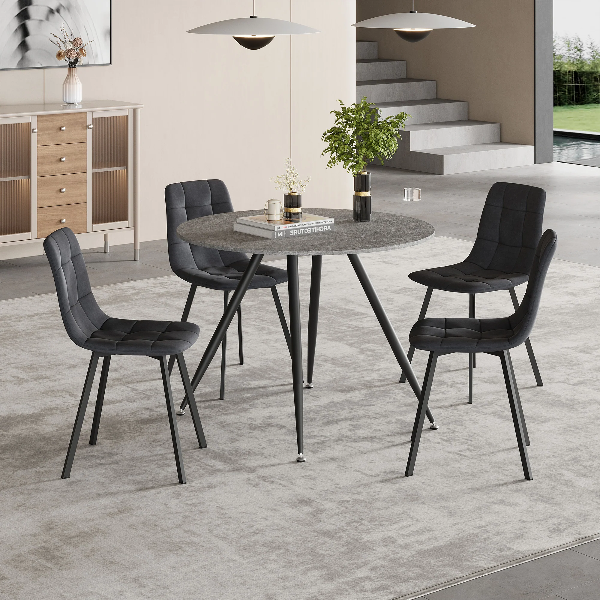 Eetkamerset Fitjar Ø100 cm met stoelen Lexnitz 5-delig [en.casa]
