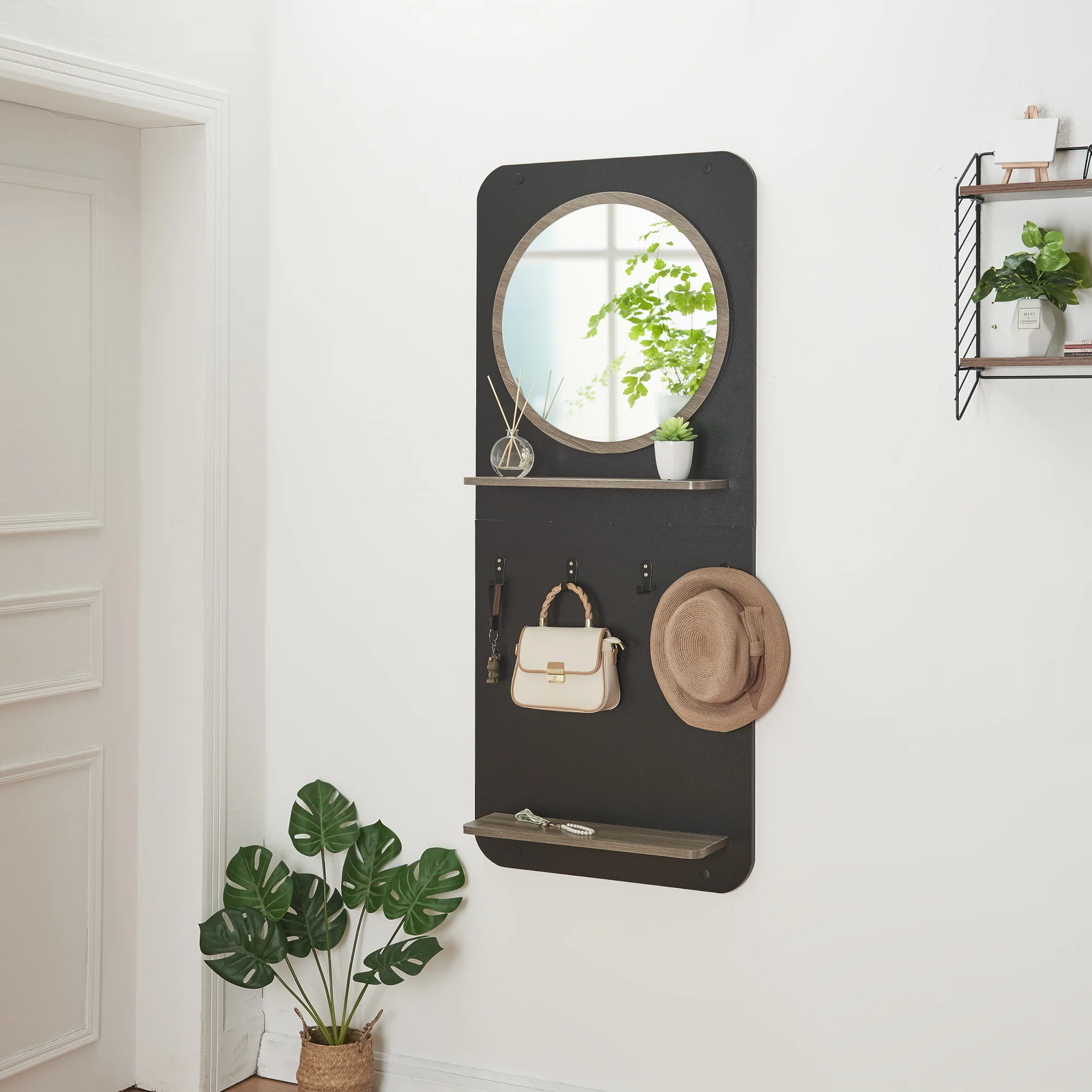 Wandkapstok Helsinge met spiegel en planken 140x59,5x16 cm zwart en houtkleurig [en.casa]