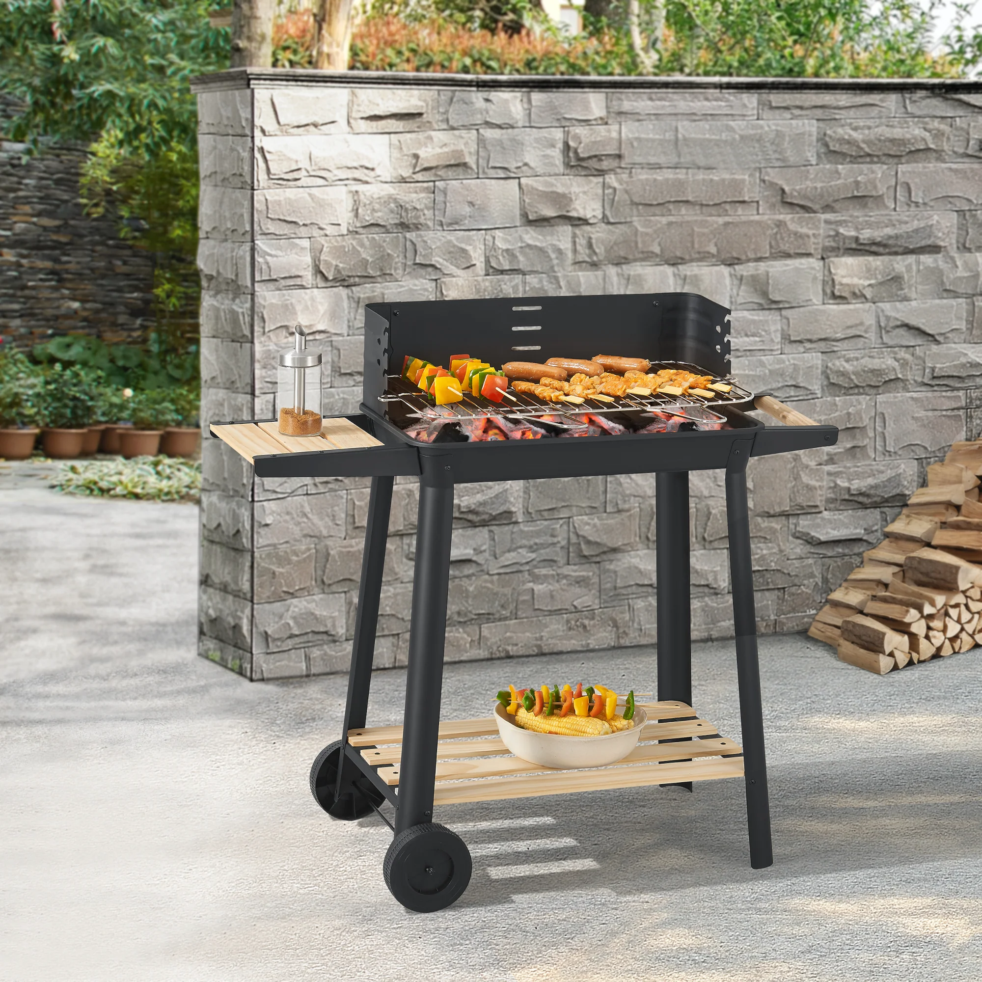 Houtskool BBQ Ari met zijpanelen 78x86x30 cm zwart en houtkleurig casa.pro