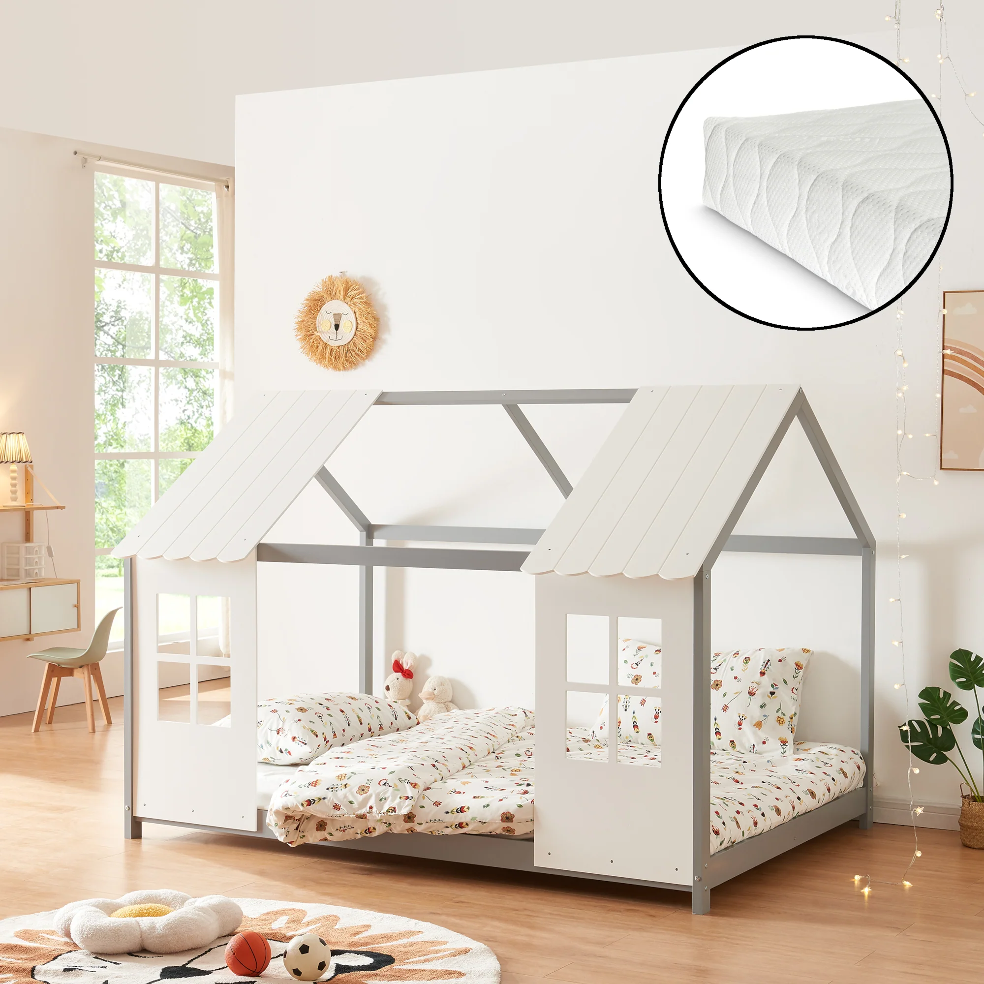 Kinderbed Tostedt huisbed met bedbodem en matras [en.casa] [neu.haus] - Image 3