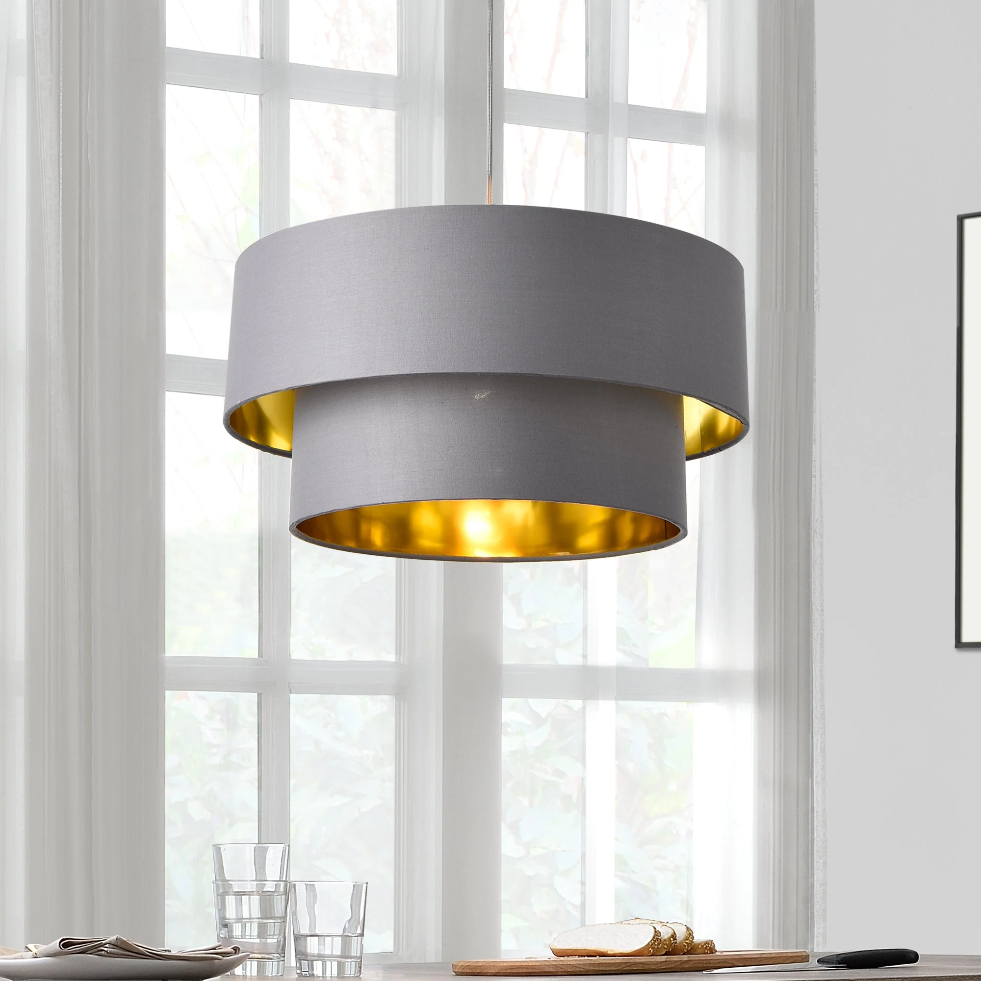 Design hanglamp Lopar metaal en stof E27 Ø30 grijs en goud - verschillende maten - Image 4