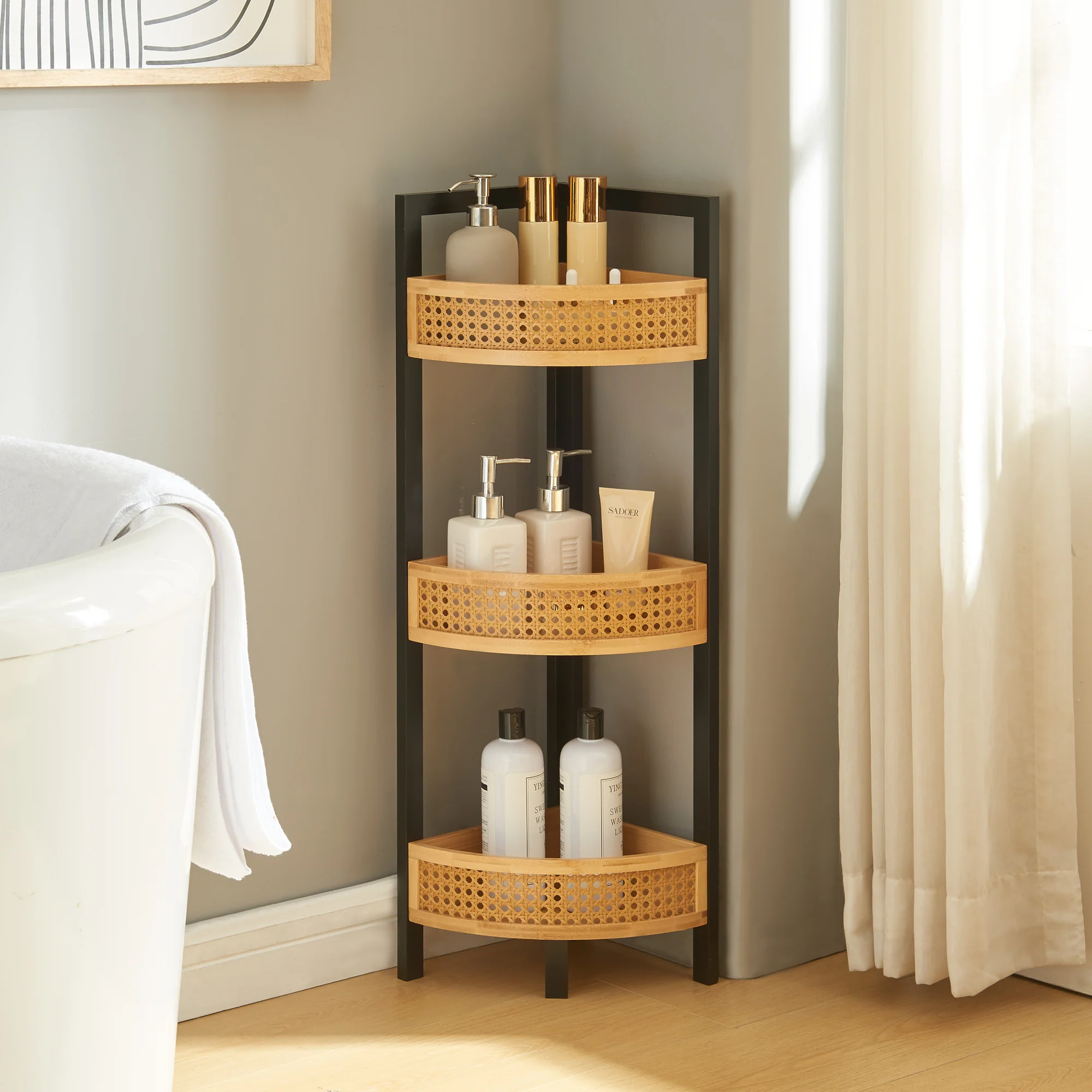 Hoekkast Tervola met 3 planken 80x23x31,5 cm zwart naturel en rotan look [en.casa]