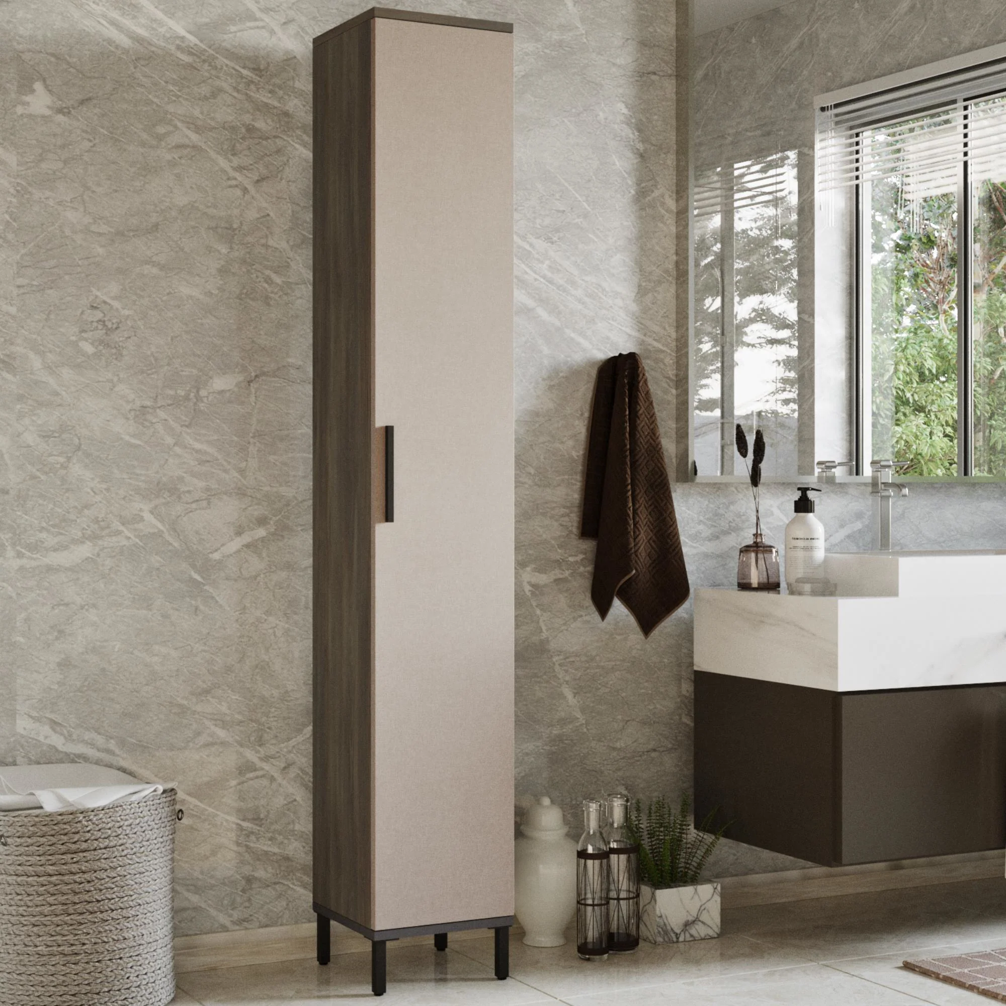 [en.casa] Badkamerkast Lieto 183,5x29,5x29,5cm eiken grijs beige antraciet