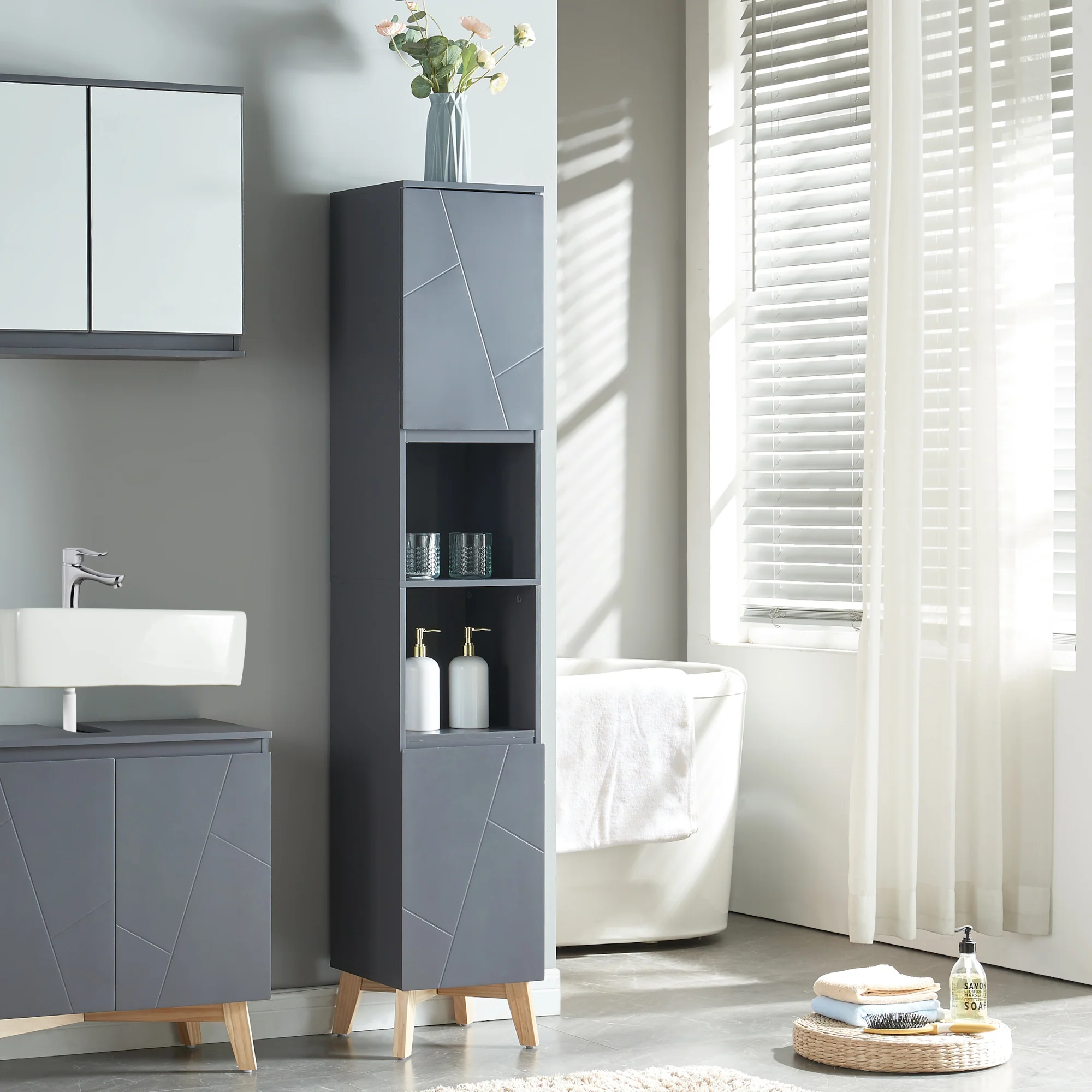Badkamerkast Overath kolomkast 160x30x30 cm grijs en houtkleurig [en.casa]