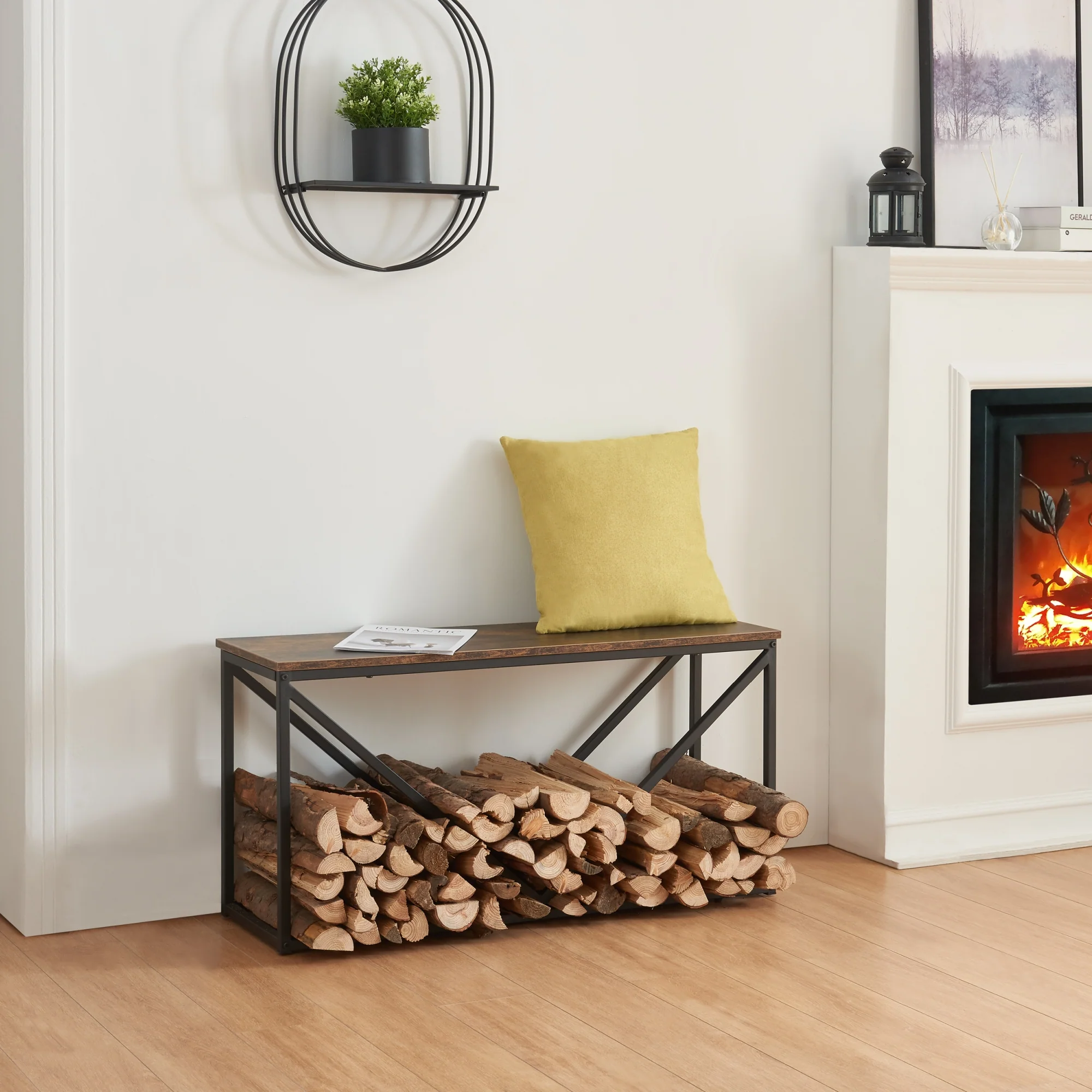 [en.casa] Brandhout rek Vaasa houtopslag 50x100x30 cm zwart en houtkleurig donker