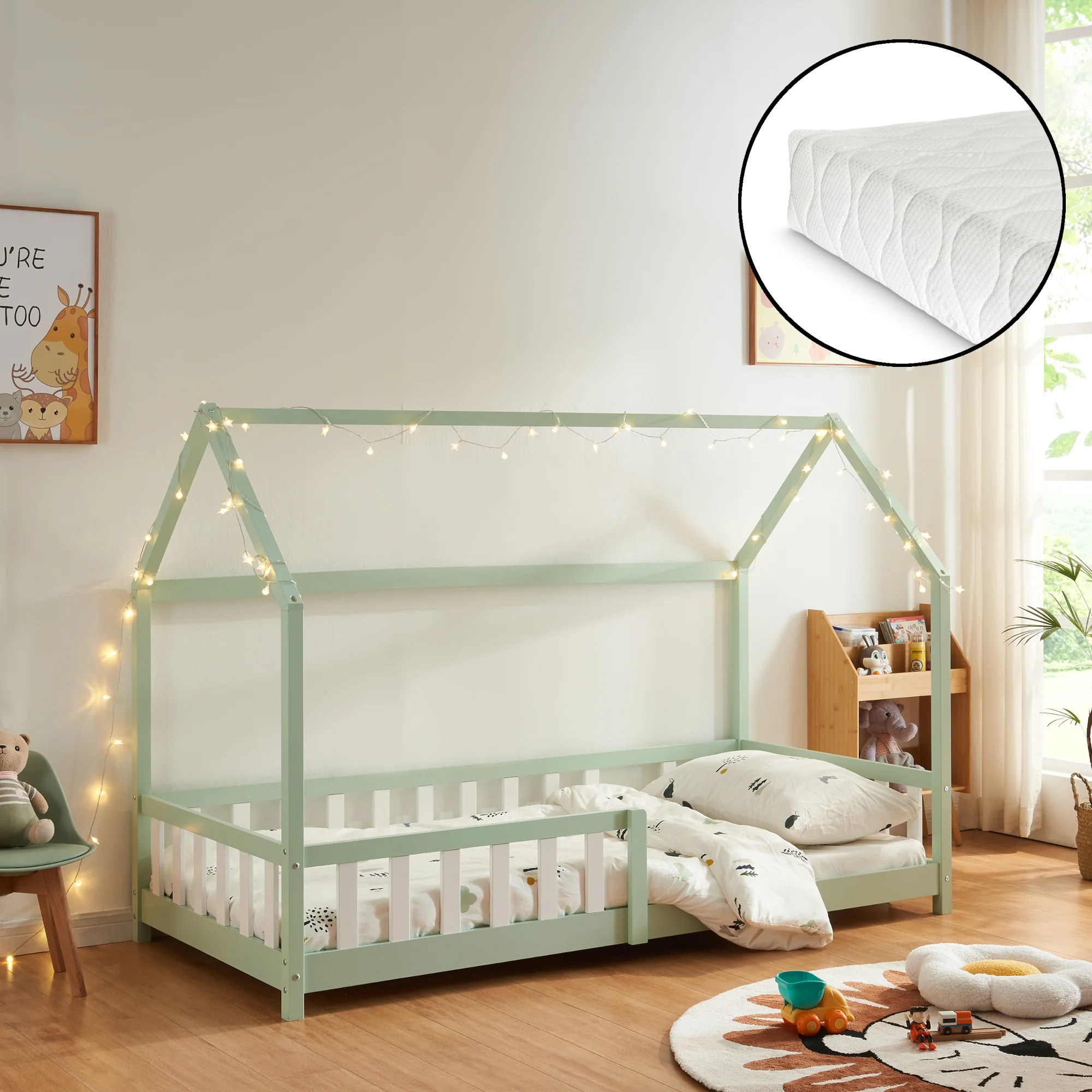 Kinderbed Hesel huisbed met matras en uitvalbeveiliging [en.casa] [neu.haus]