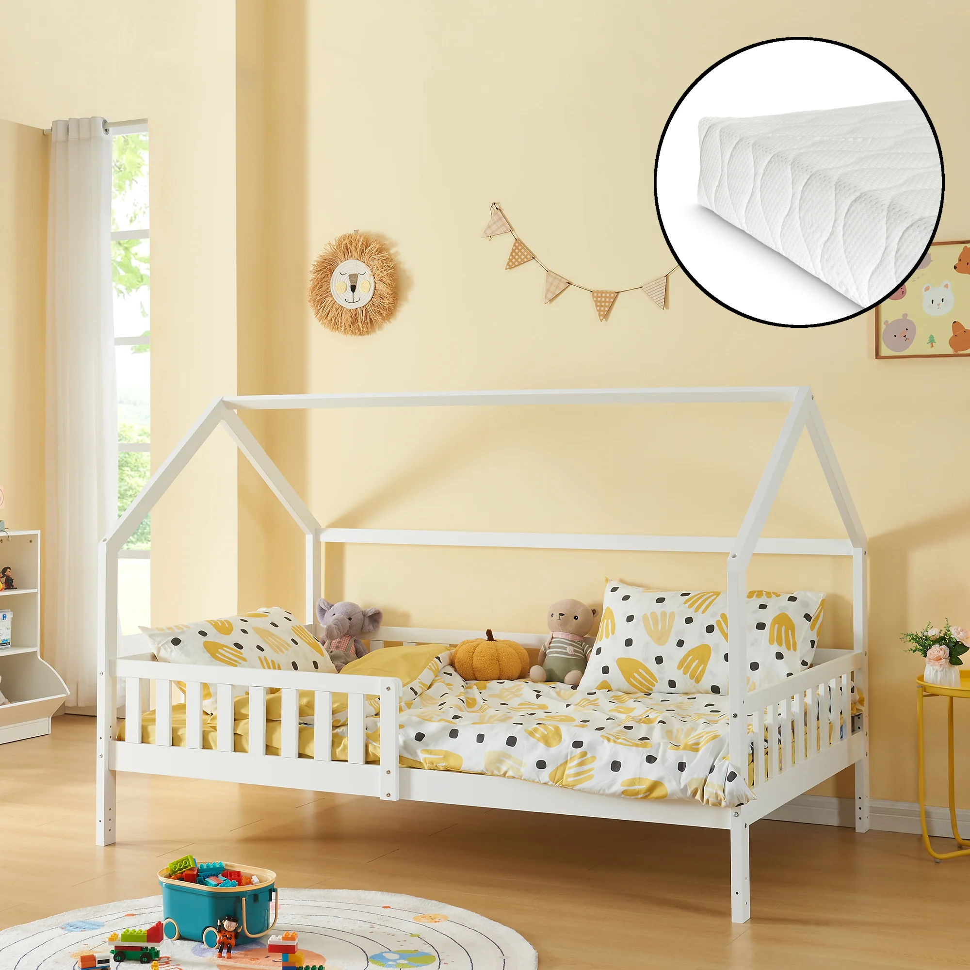 Kinderbed Ydre huisbed met matras en bedbodem wit [en.casa]