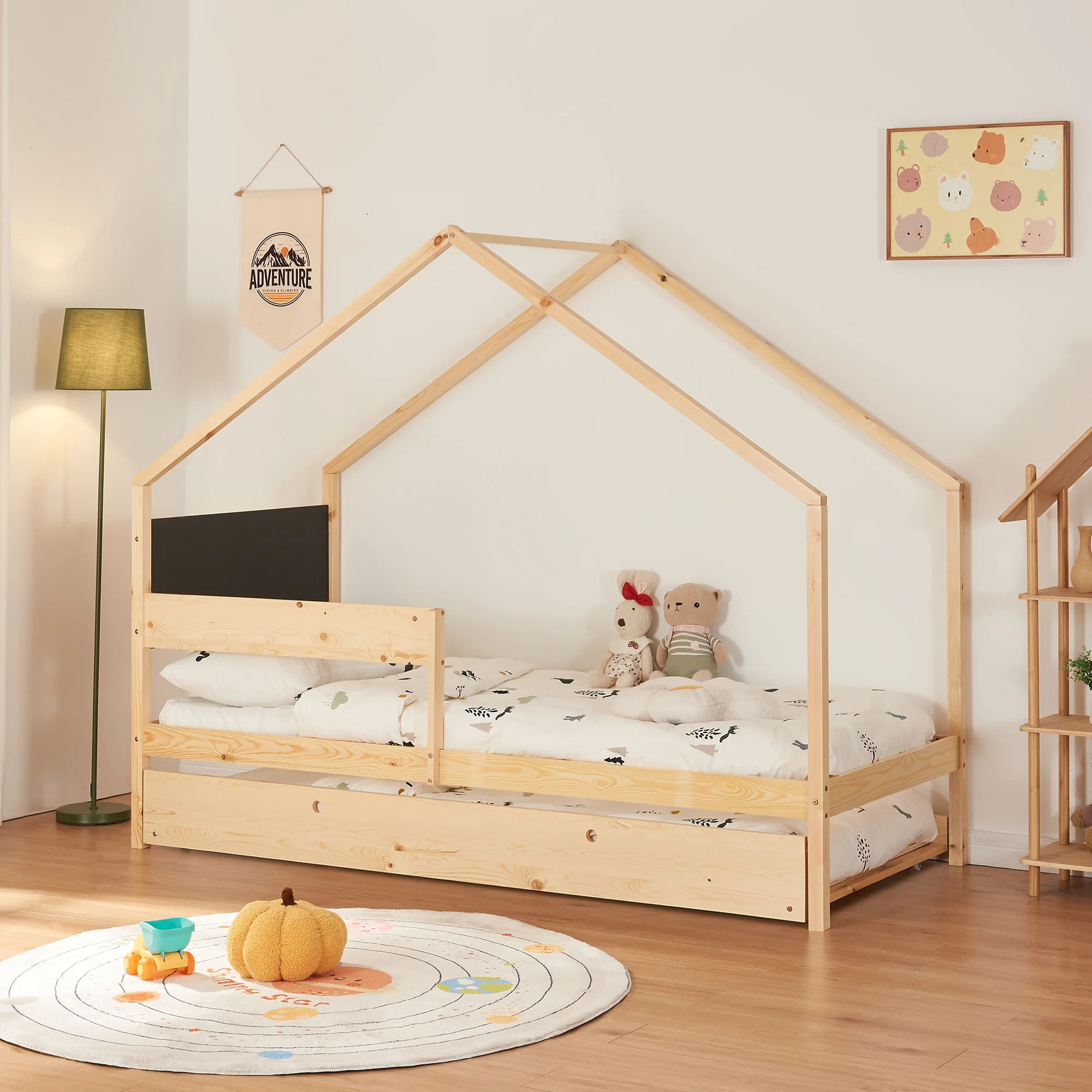 Kinderbed Sodankylä huisbed met onderschuifbed 90x200 cm naturel en zwart [en.casa]