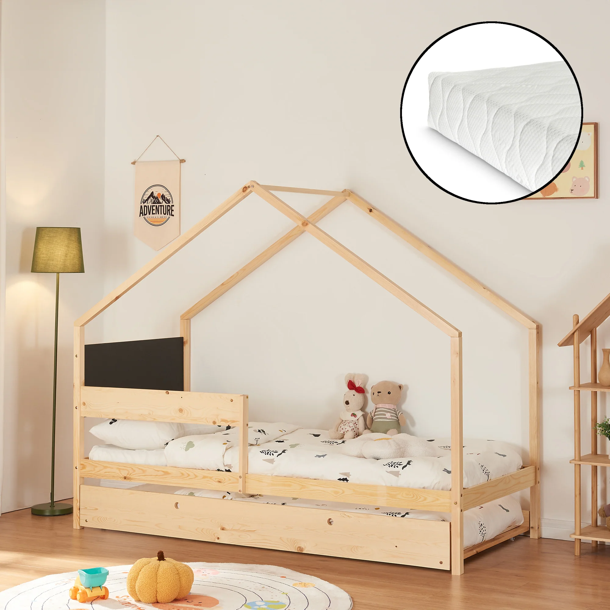 Kinderbed Sodankylä met onderschuifbed en matrassen 90x200 cm [en.casa]