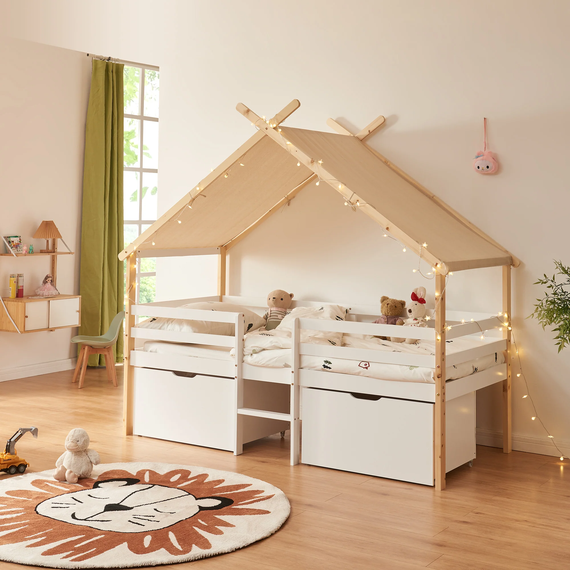 Kinderbed Surnadal Huisbed met dak 2 lades en trapje 200x90 cm wit en naturel [en.casa]