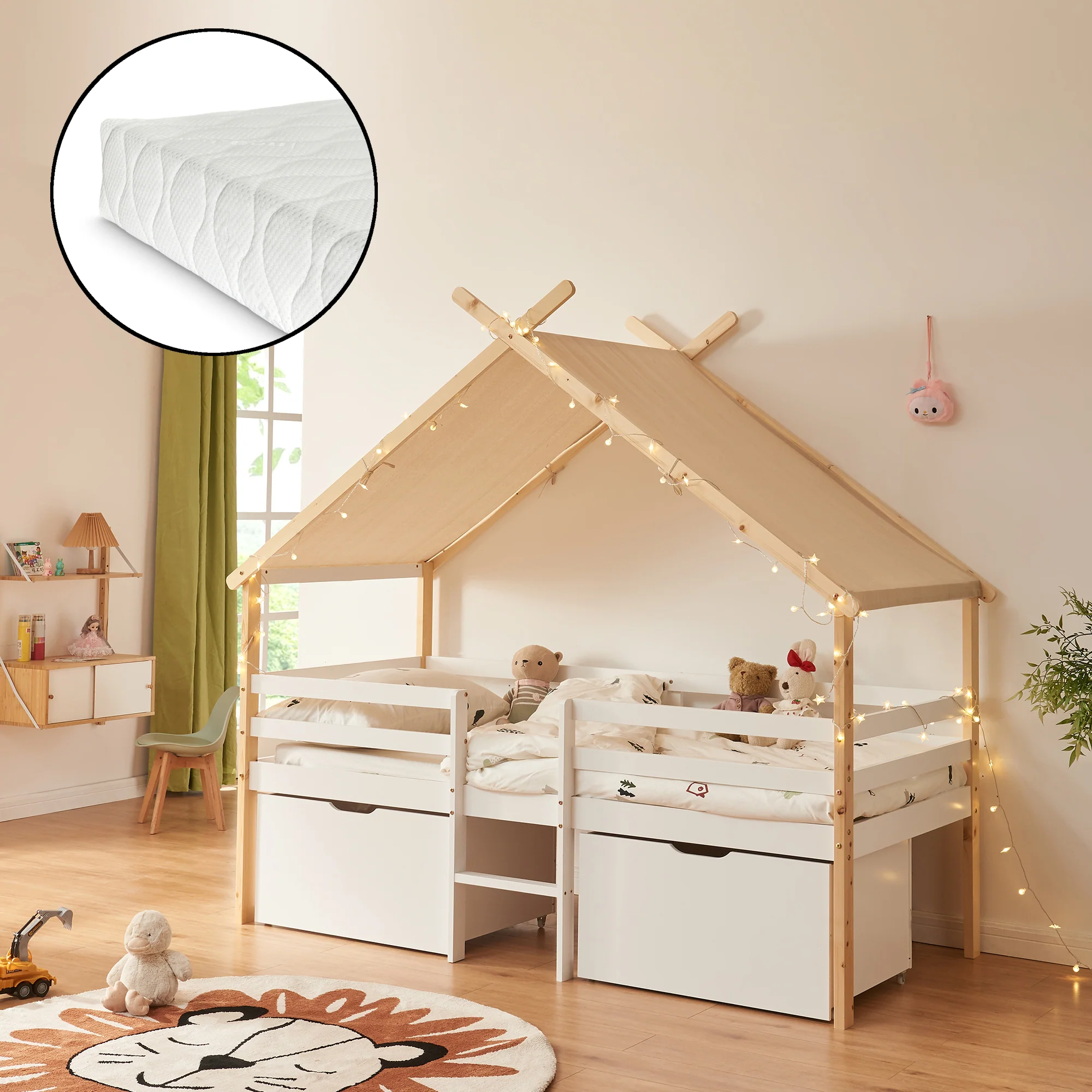 Kinderbed Surnadal huisbed met matras en lades hout wit naturel 90x200 cm [en.casa]