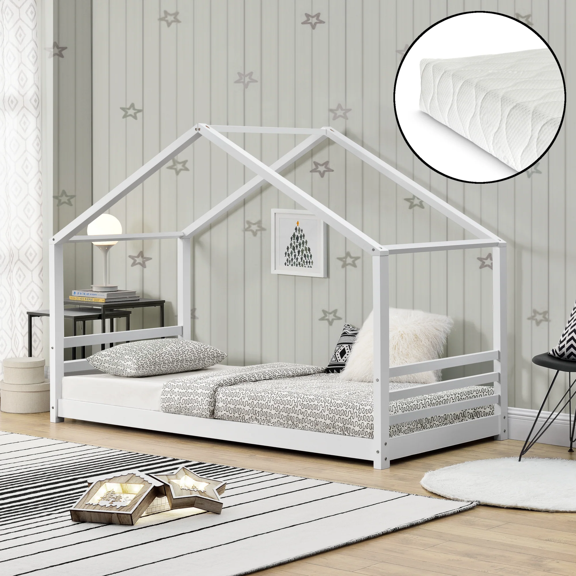 Kinderbed Vardo grenen huisbed met matras 200x90 cm wit
