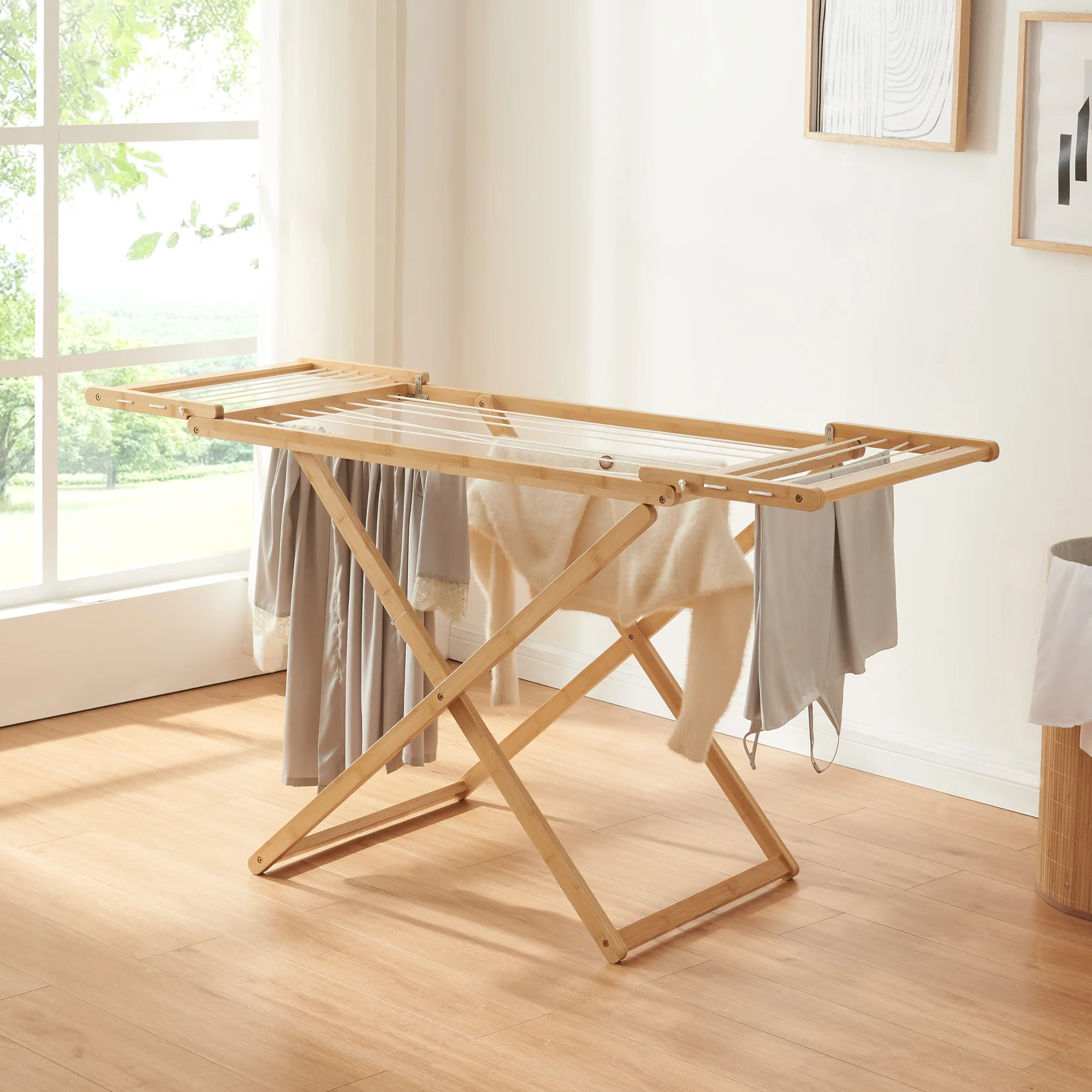 Droogrek Fakala wasrek staand inklapbaar 154x59x82 cm naturel en wit [en.casa]