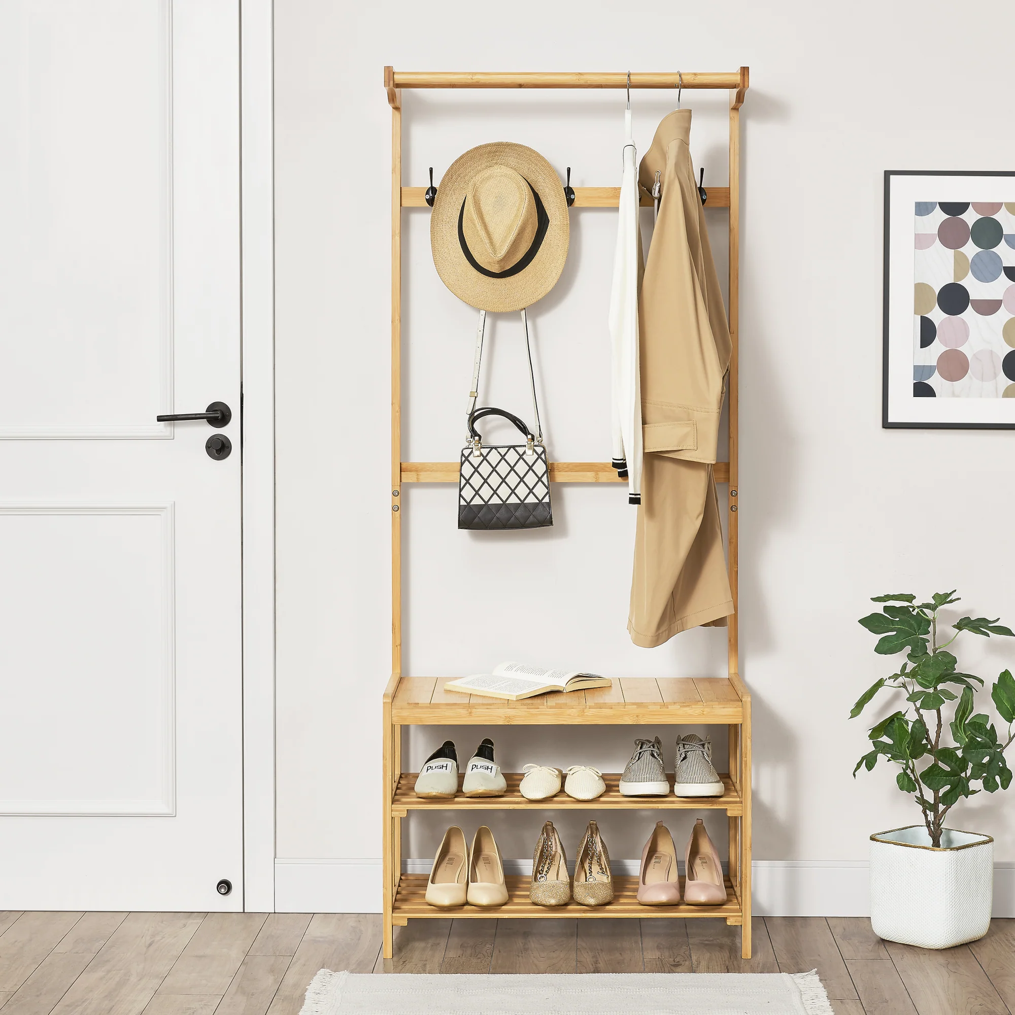 [en.casa] Schoenenrek Tornio met kapstok bamboe 168x70x35 cm