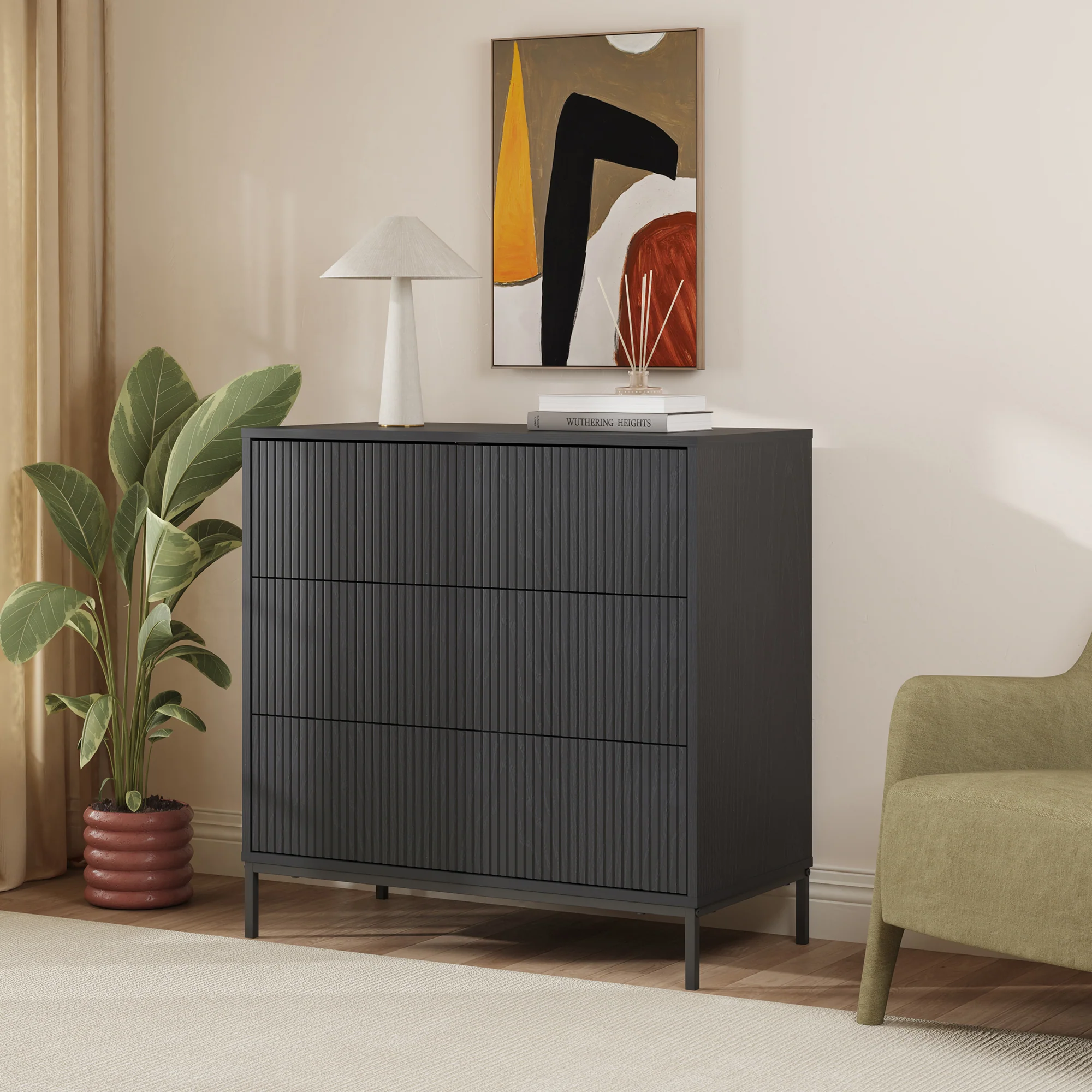 Ladekast Nykapin commode met 3 lades 80x80x40 cm zwart [en.casa]  - Image 2