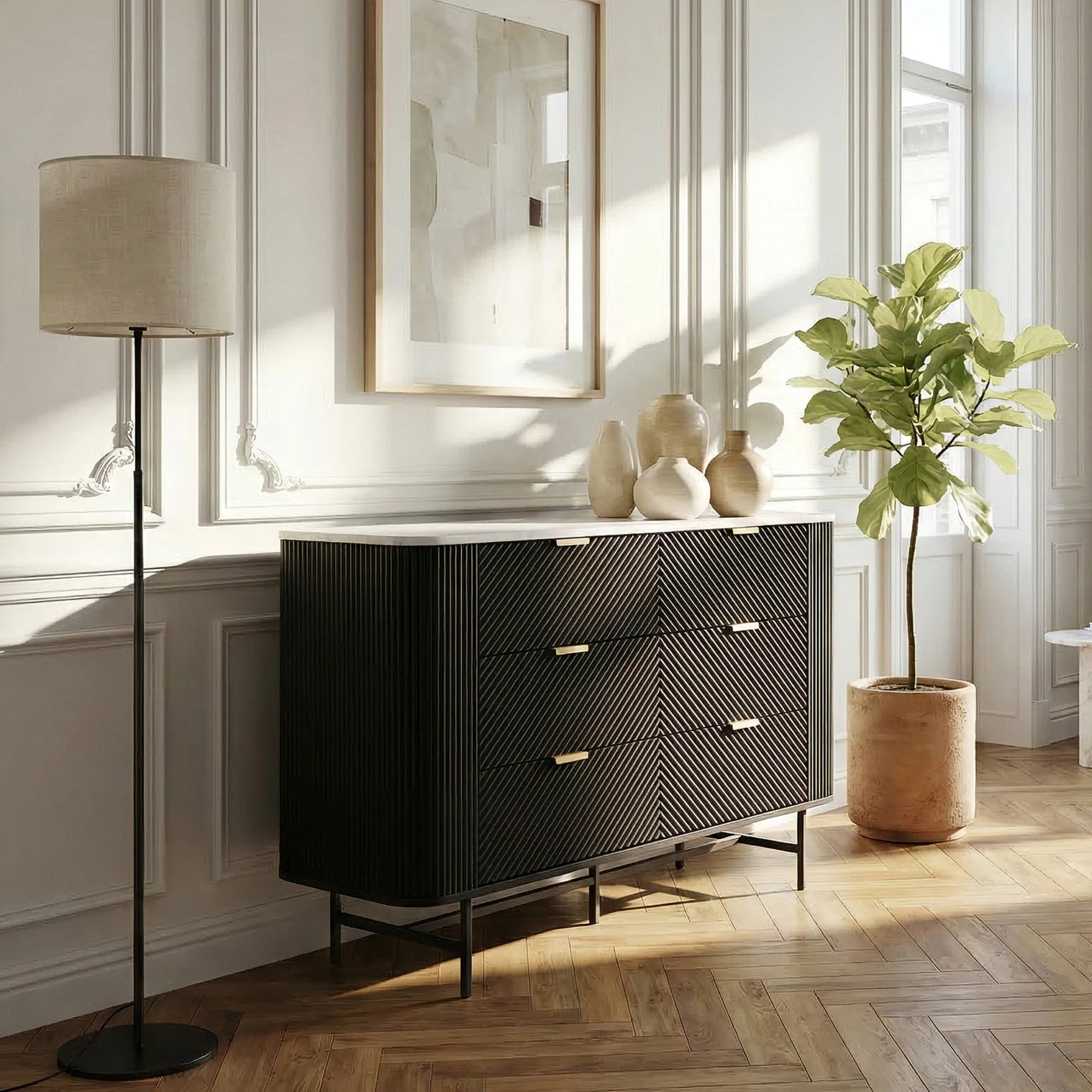 Ladekast Olvehok met 6 lades 81x120x40 cm marmerlook wit en zwart [en.casa]  - Image 2