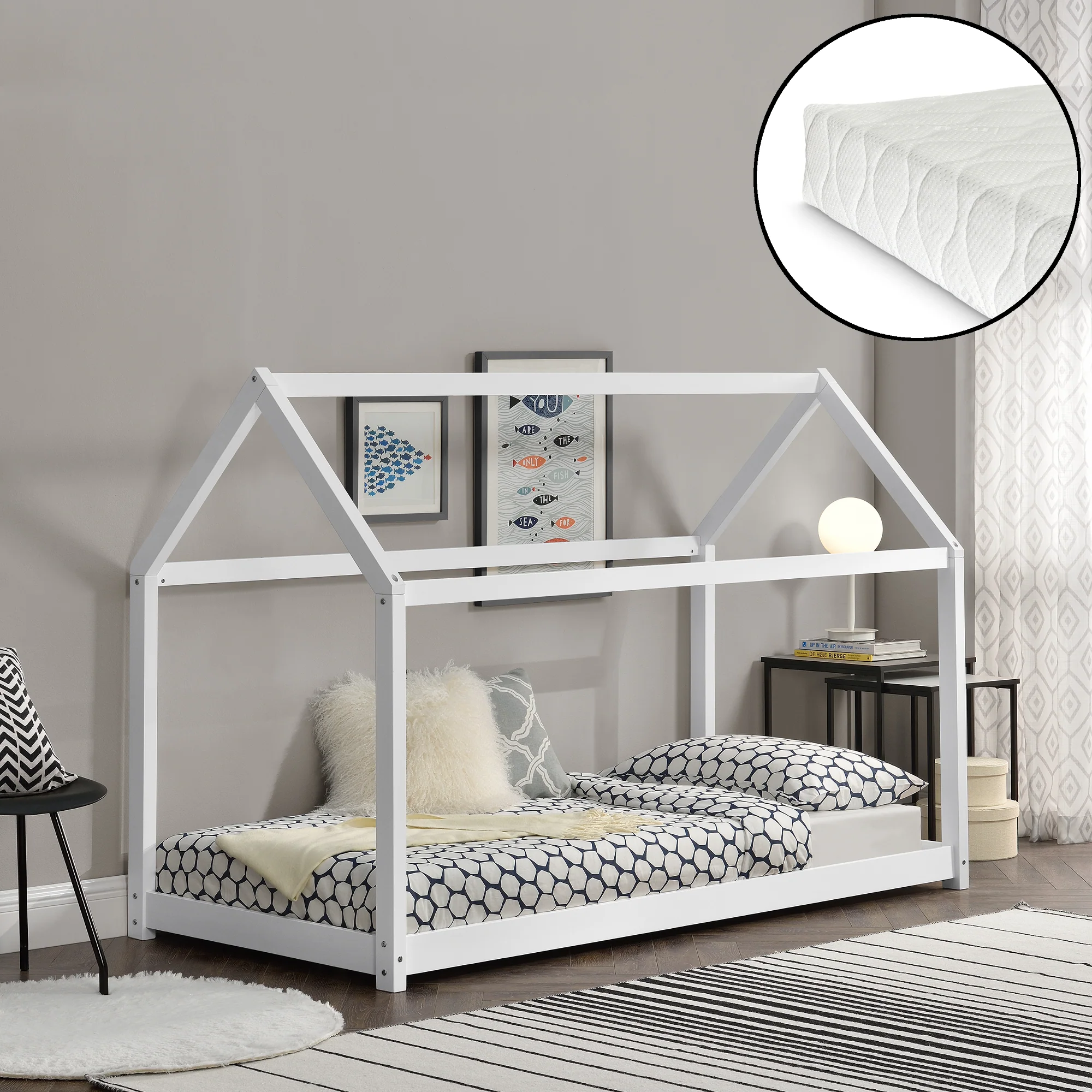 Kinderbed grenen bed huisbed 200x90 met matras - verschillende kleuren
