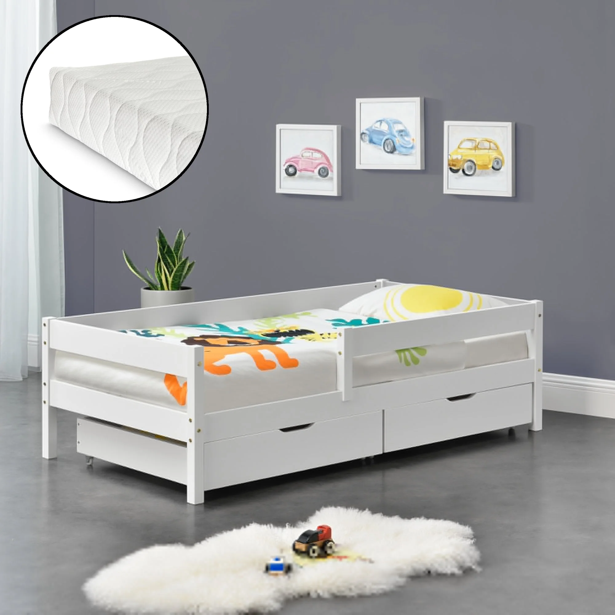 Kinderbed Borgarnes met uitvalbeveiliging matras en 2 lades - verschillende kleuren en maten - Image 13