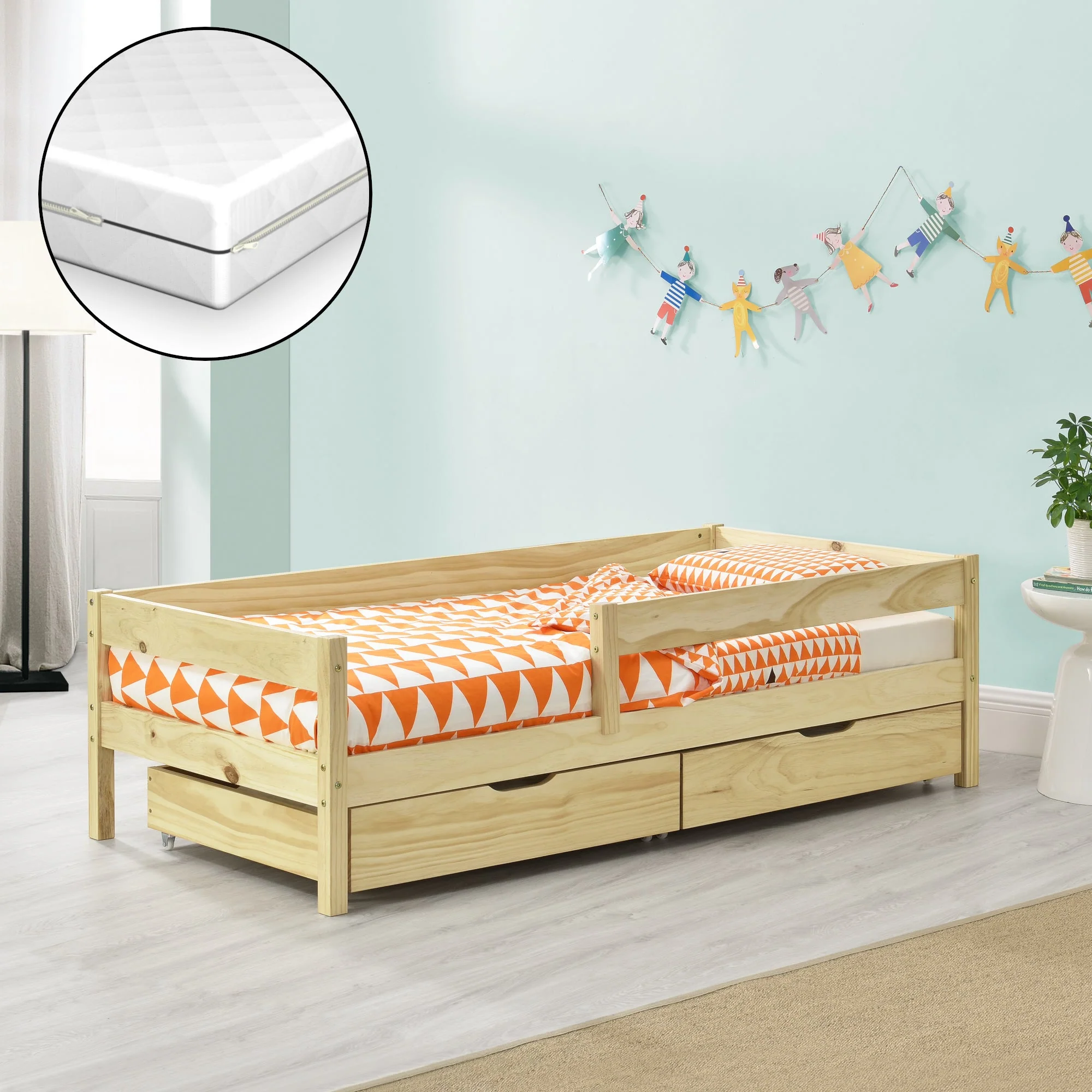 Kinderbed Borgarnes met uitvalbeveiliging matras en 2 lades - verschillende kleuren en maten - Image 9
