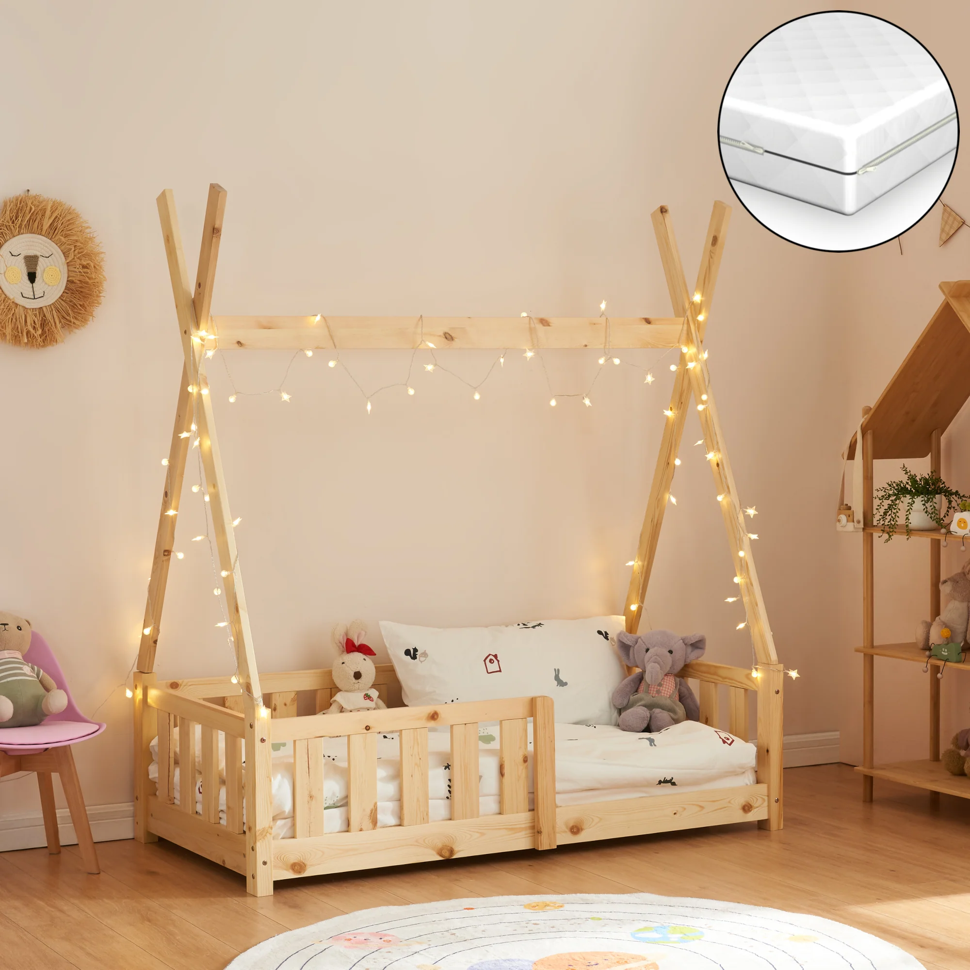 [en.casa] [neu.haus] Kinderbed Helsingborg Tipi met uitvalbeveiliging en matras 70x140 cm - 4 varianten - Image 5
